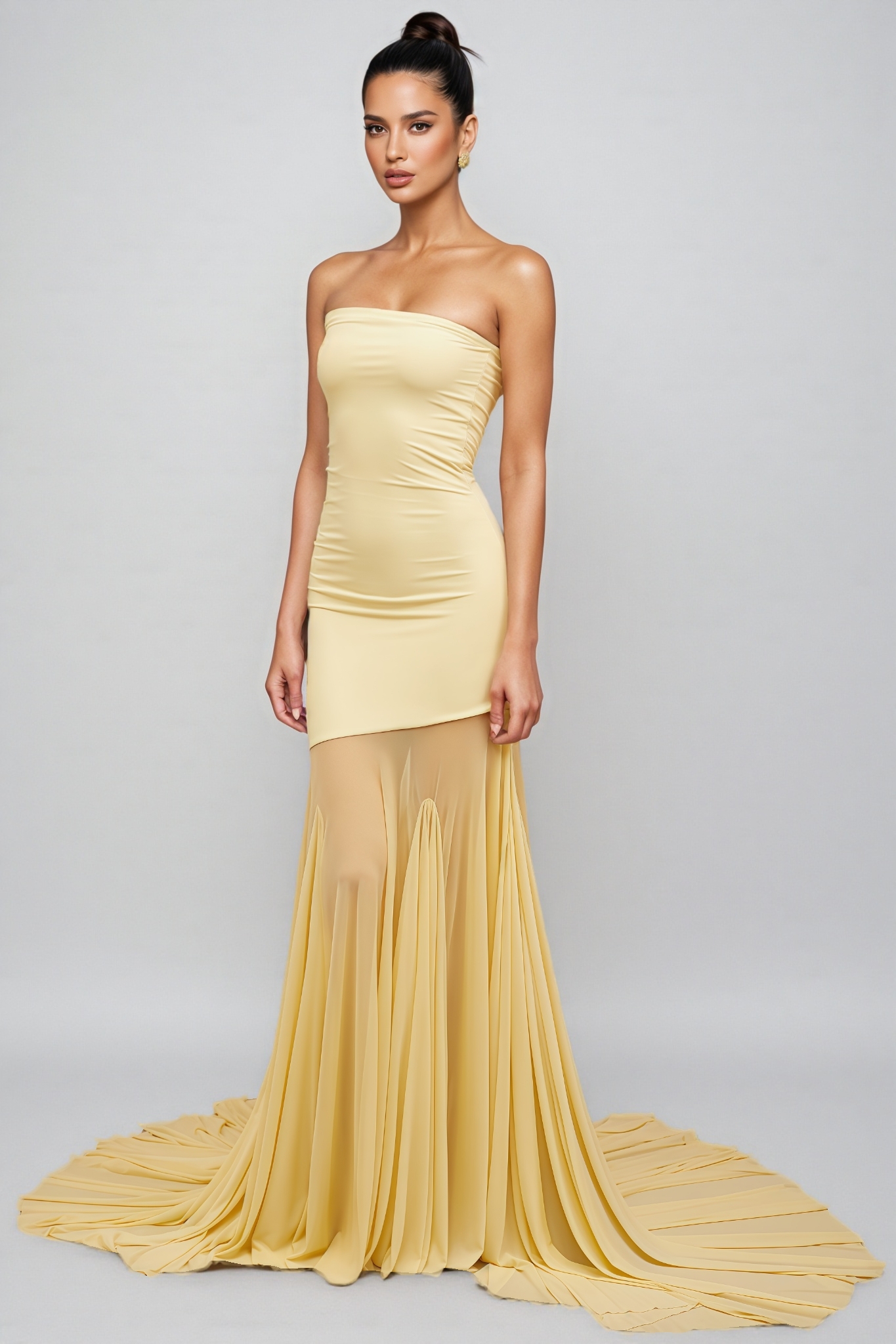Elwyt Yellow Off Shoulder Sheer Tulle Maxi Dress