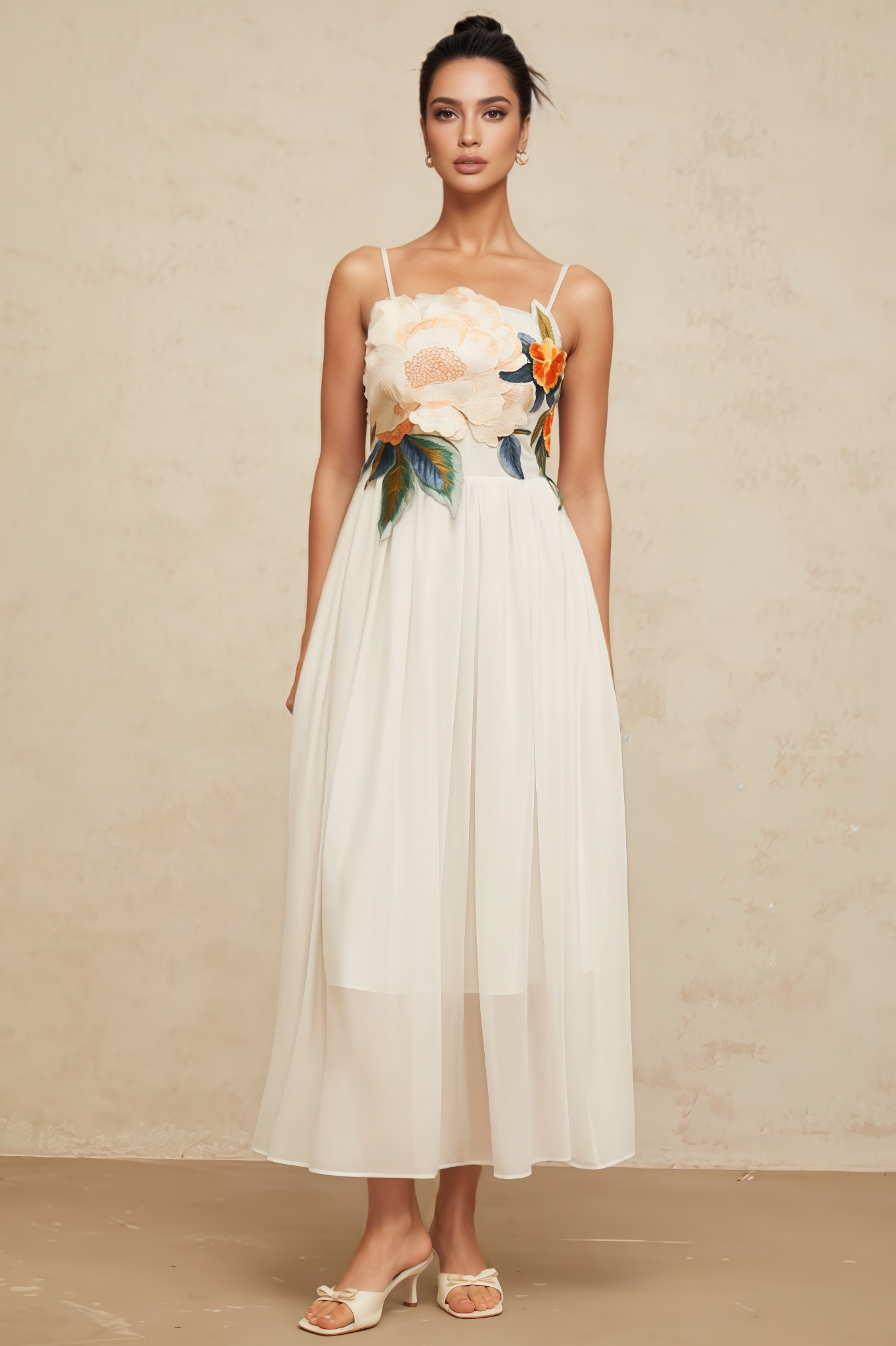 Agenlt White Floral Embroidery Shirred Maxi Dress