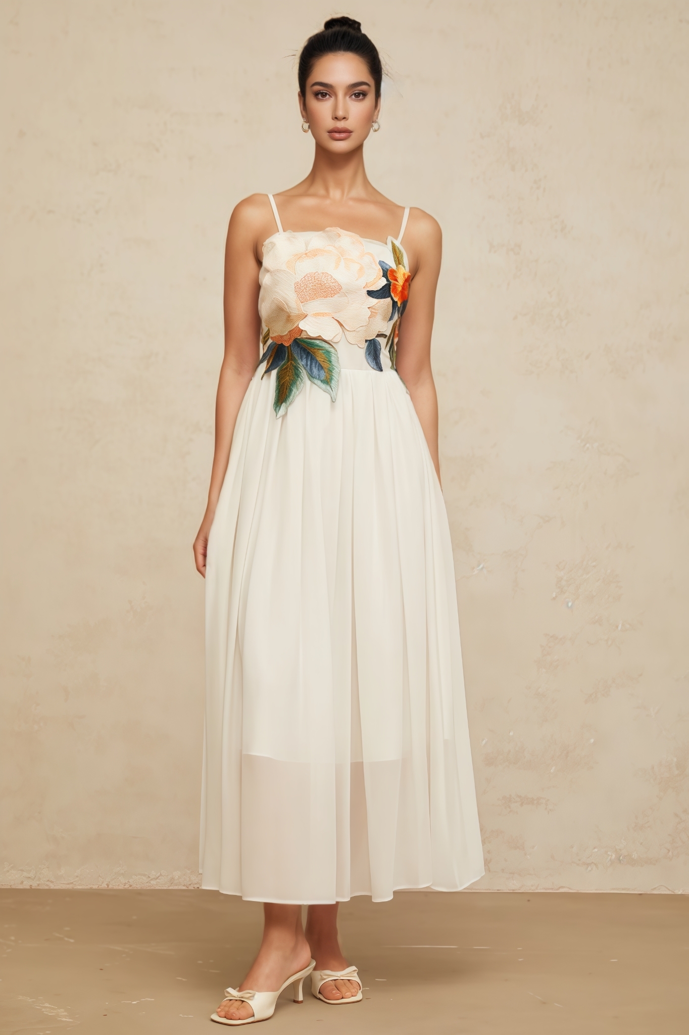 Agenlt White Floral Embroidery Shirred Maxi Dress