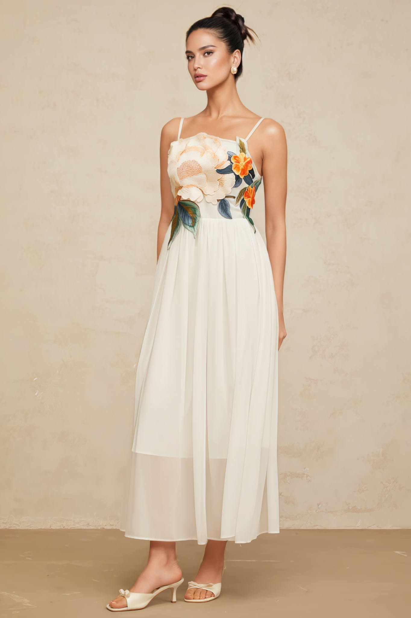 Agenlt White Floral Embroidery Shirred Maxi Dress