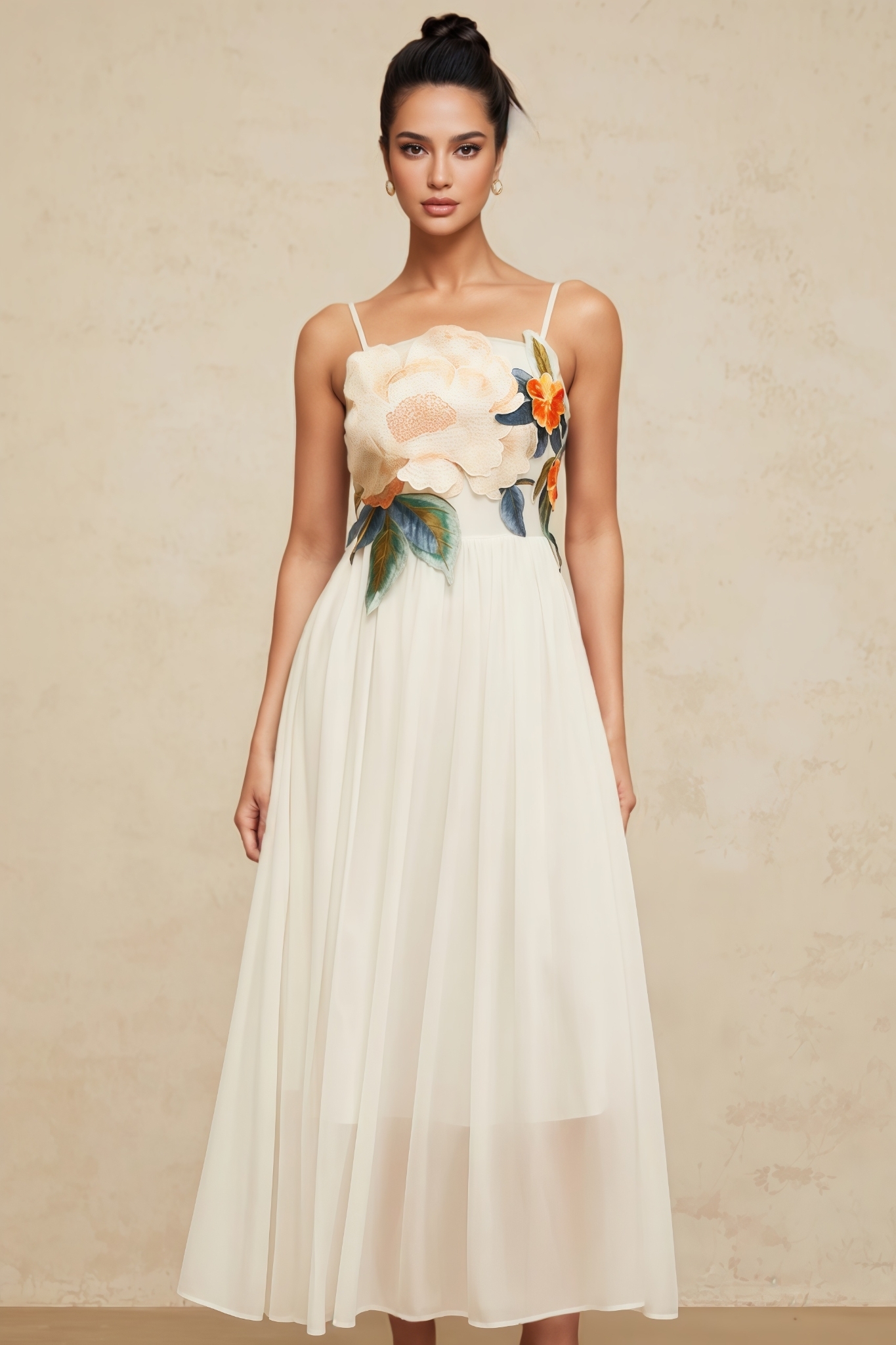 Agenlt White Floral Embroidery Shirred Maxi Dress