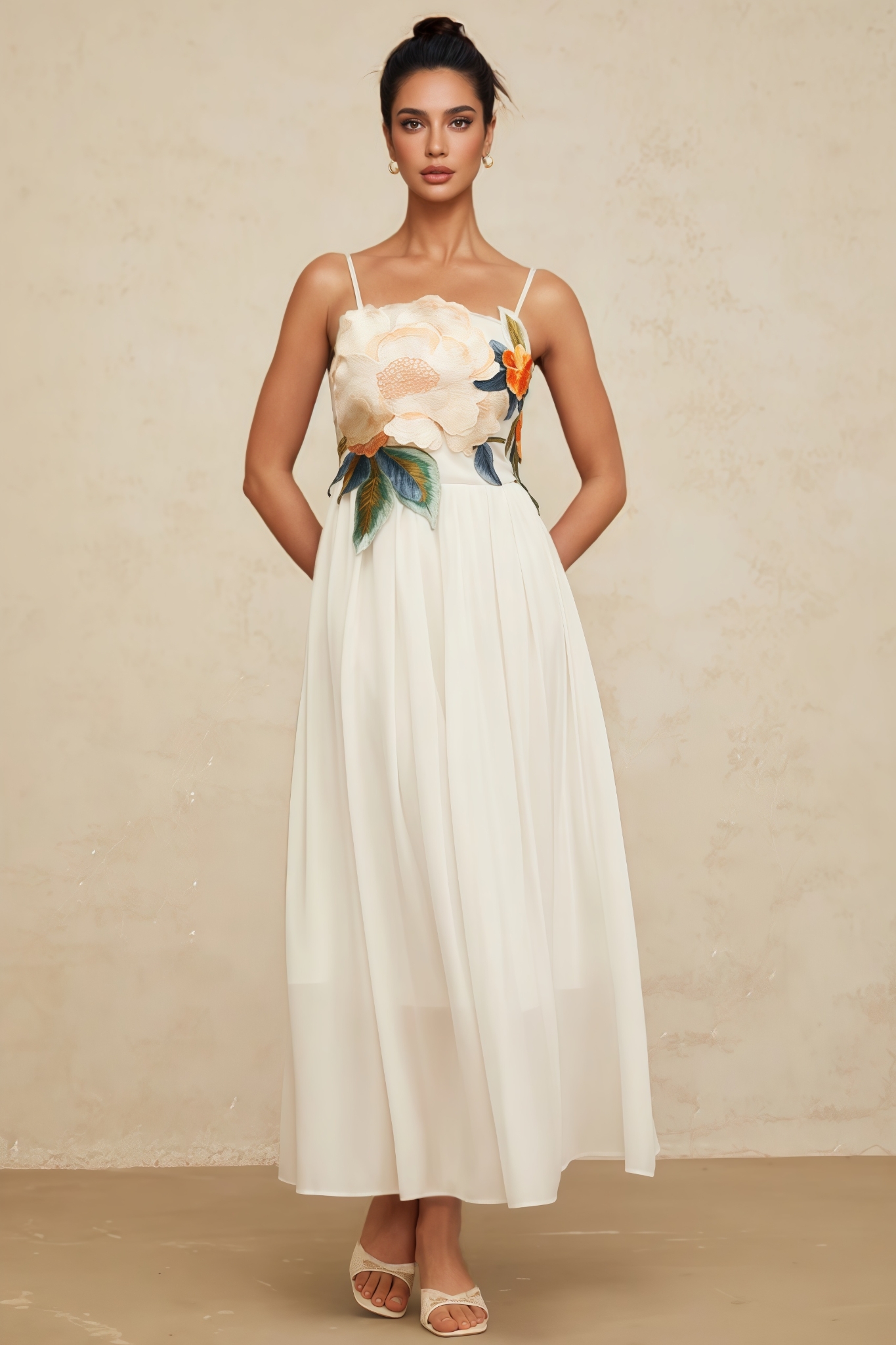 Agenlt White Floral Embroidery Shirred Maxi Dress