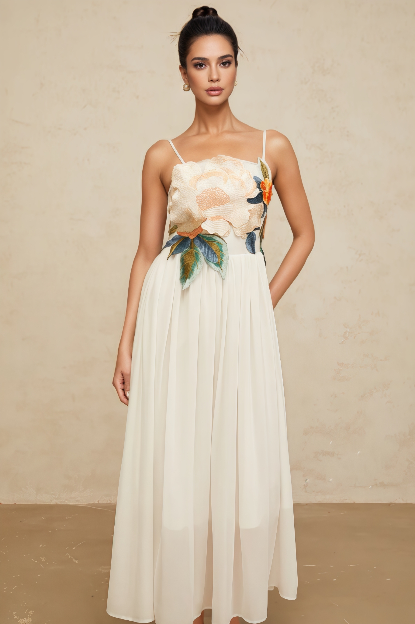 Agenlt White Floral Embroidery Shirred Maxi Dress