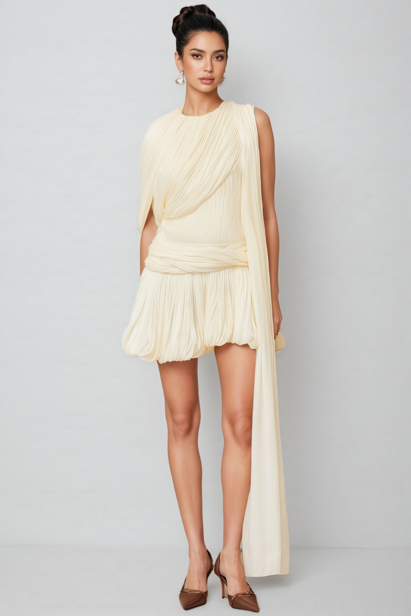 Brivam Pleated Round Neck Mini Dress