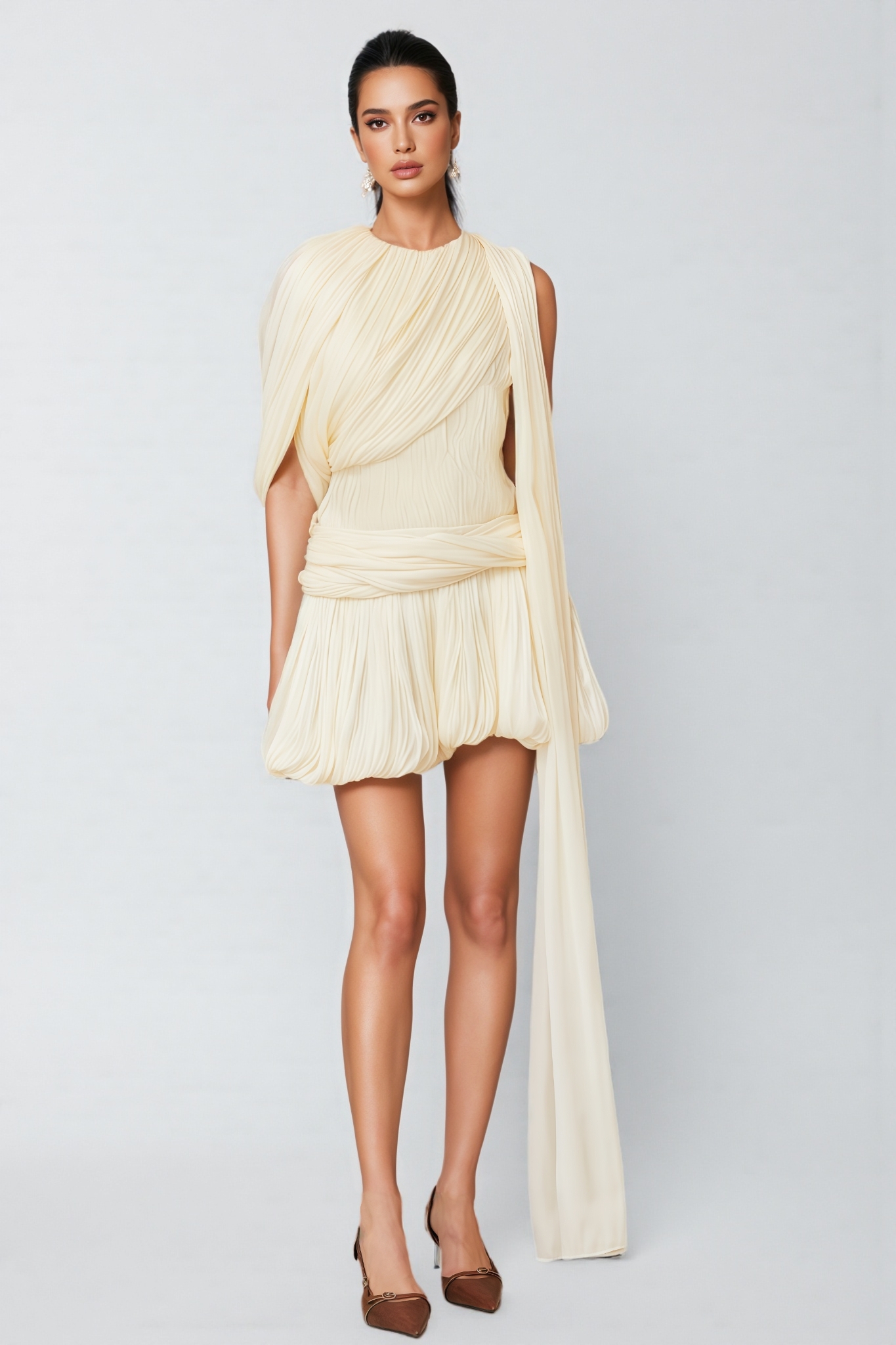 Brivam Pleated Round Neck Mini Dress