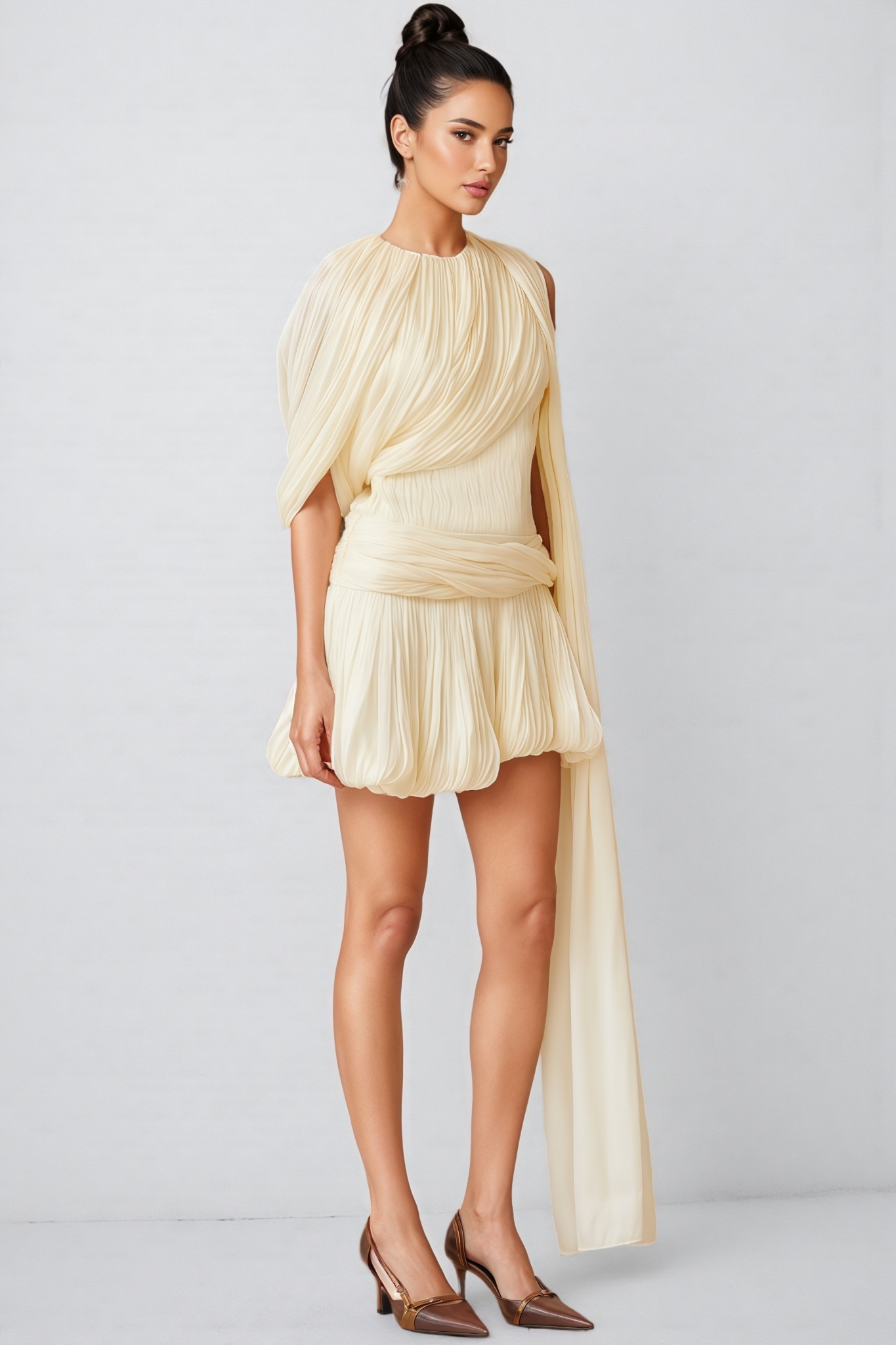 Brivam Pleated Round Neck Mini Dress
