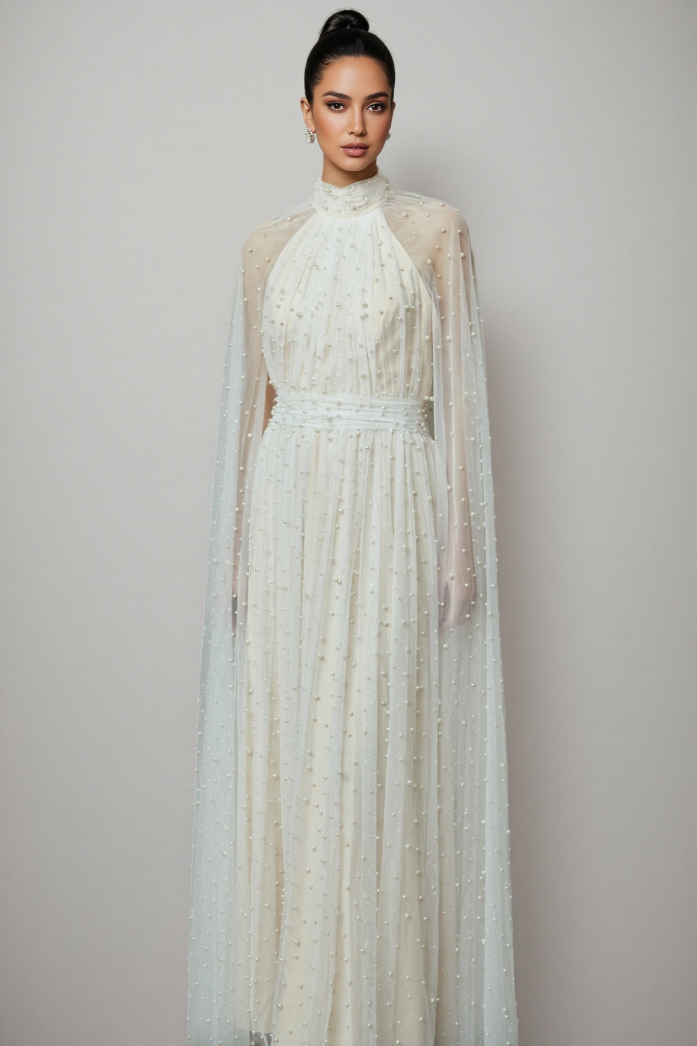 Xyvia Pearl Stand-up Collar Cap Sleeve Maxi Dress