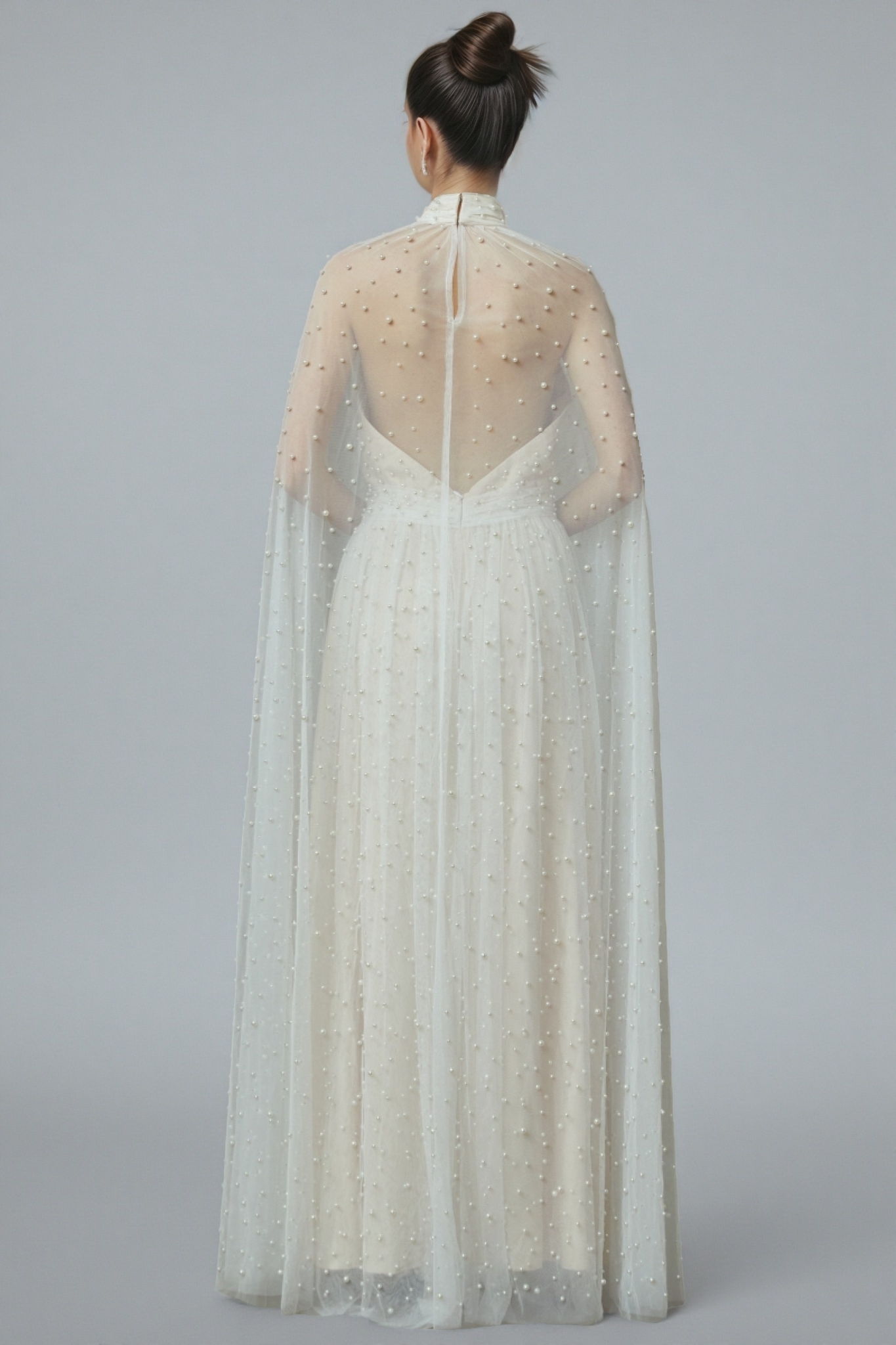 Xyvia Pearl Stand-up Collar Cap Sleeve Maxi Dress