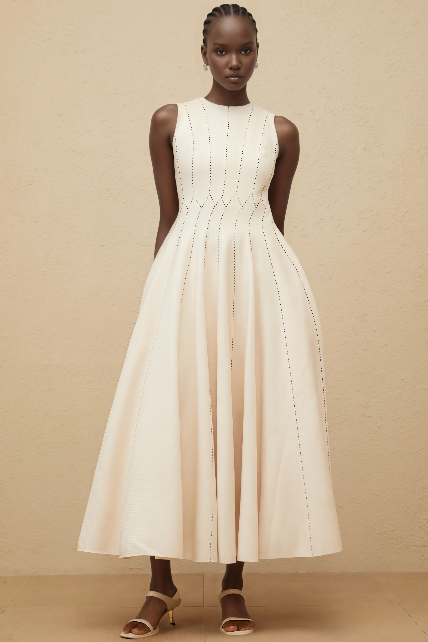 Jurek Beige Shirred Textured Midi Dress