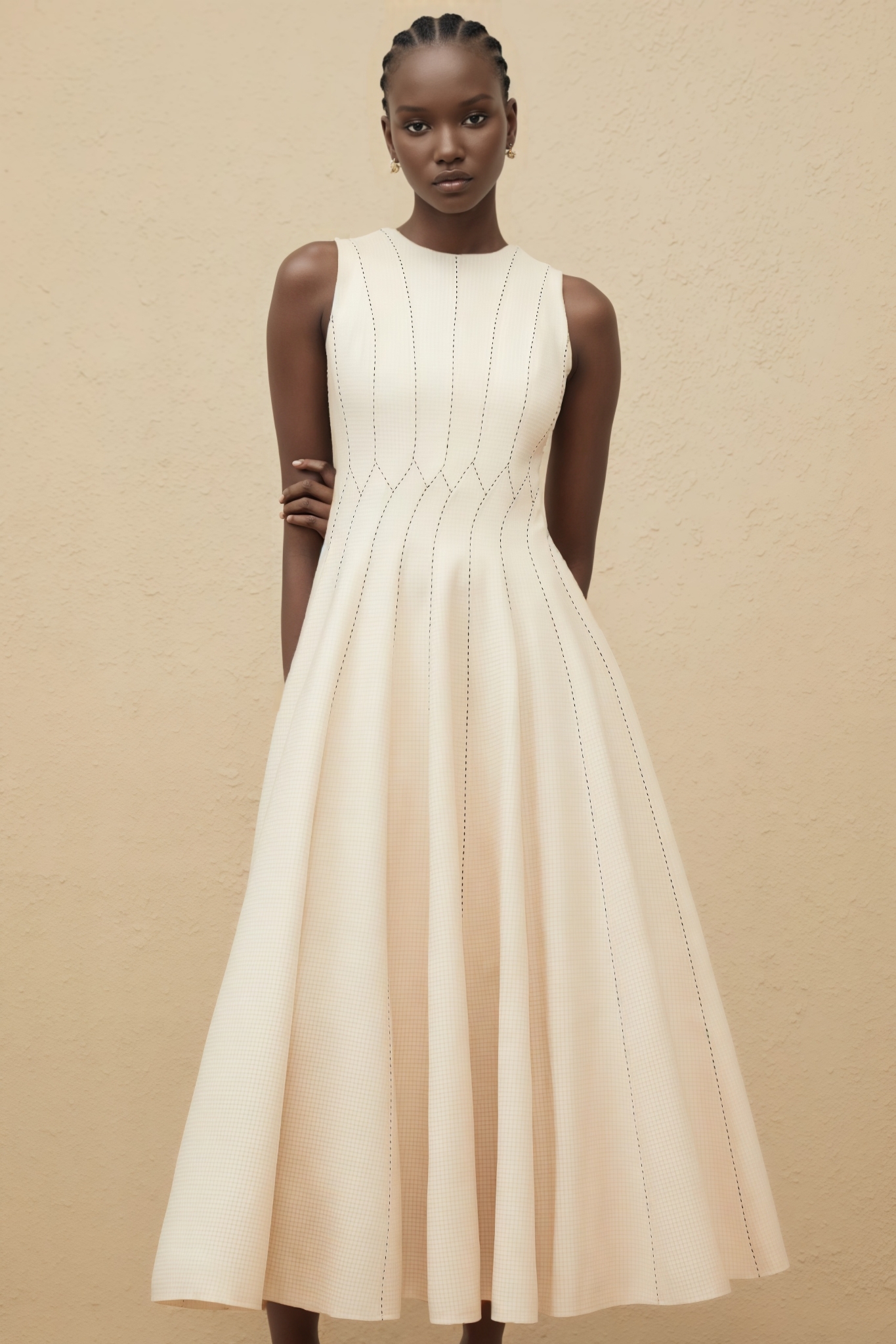 Jurek Beige Shirred Textured Midi Dress