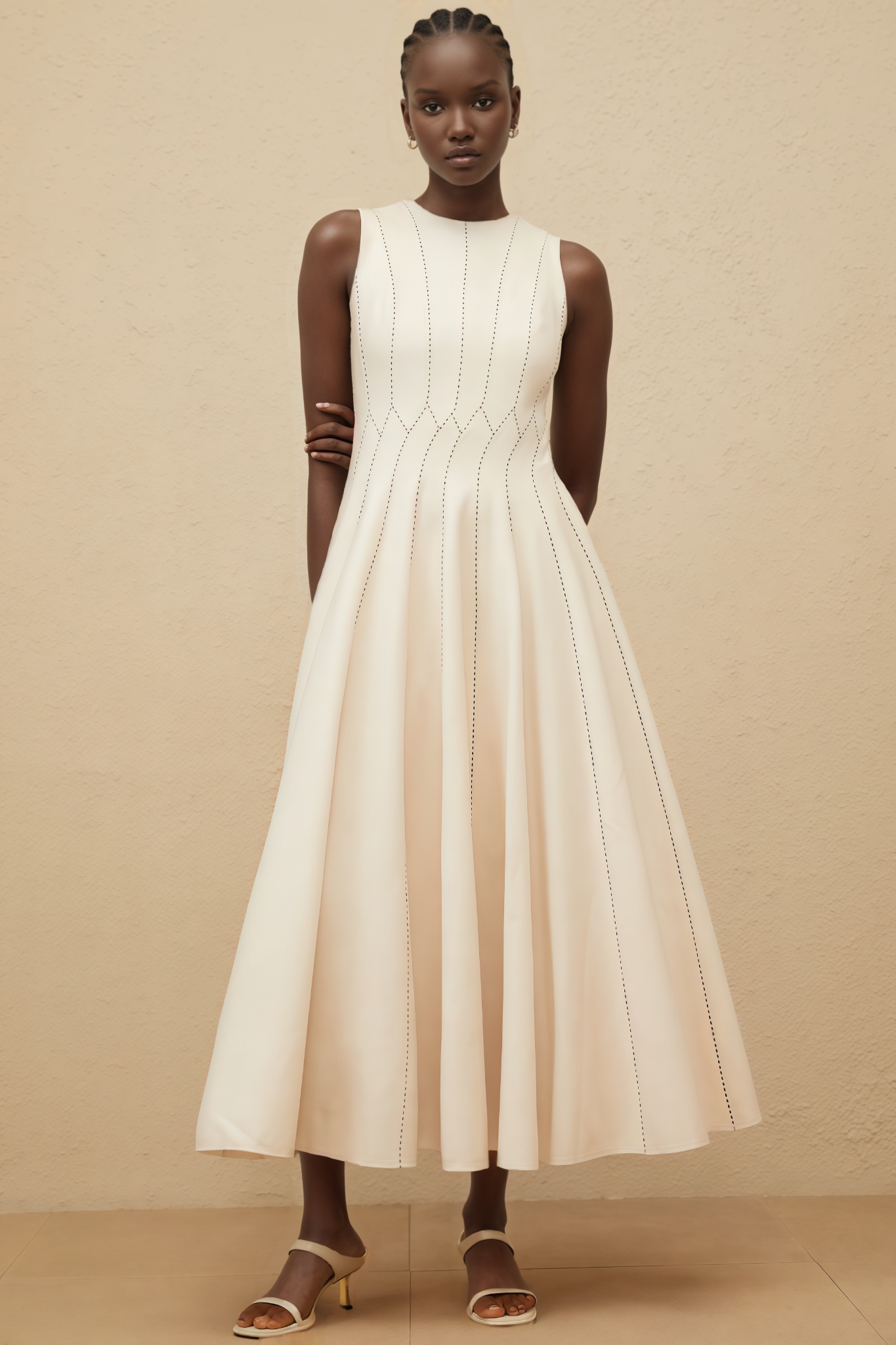 Jurek Beige Shirred Textured Midi Dress