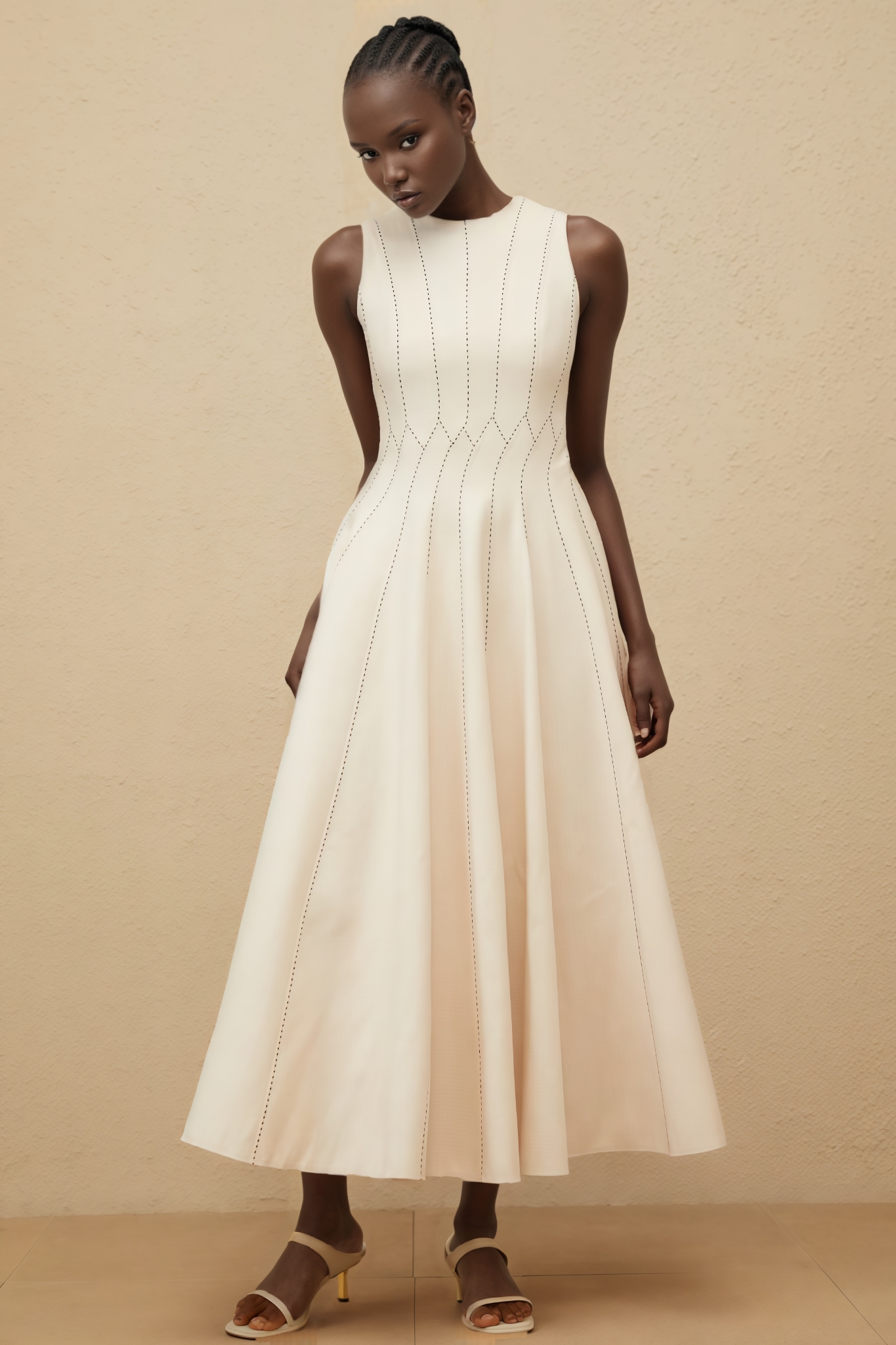 Jurek Beige Shirred Textured Midi Dress