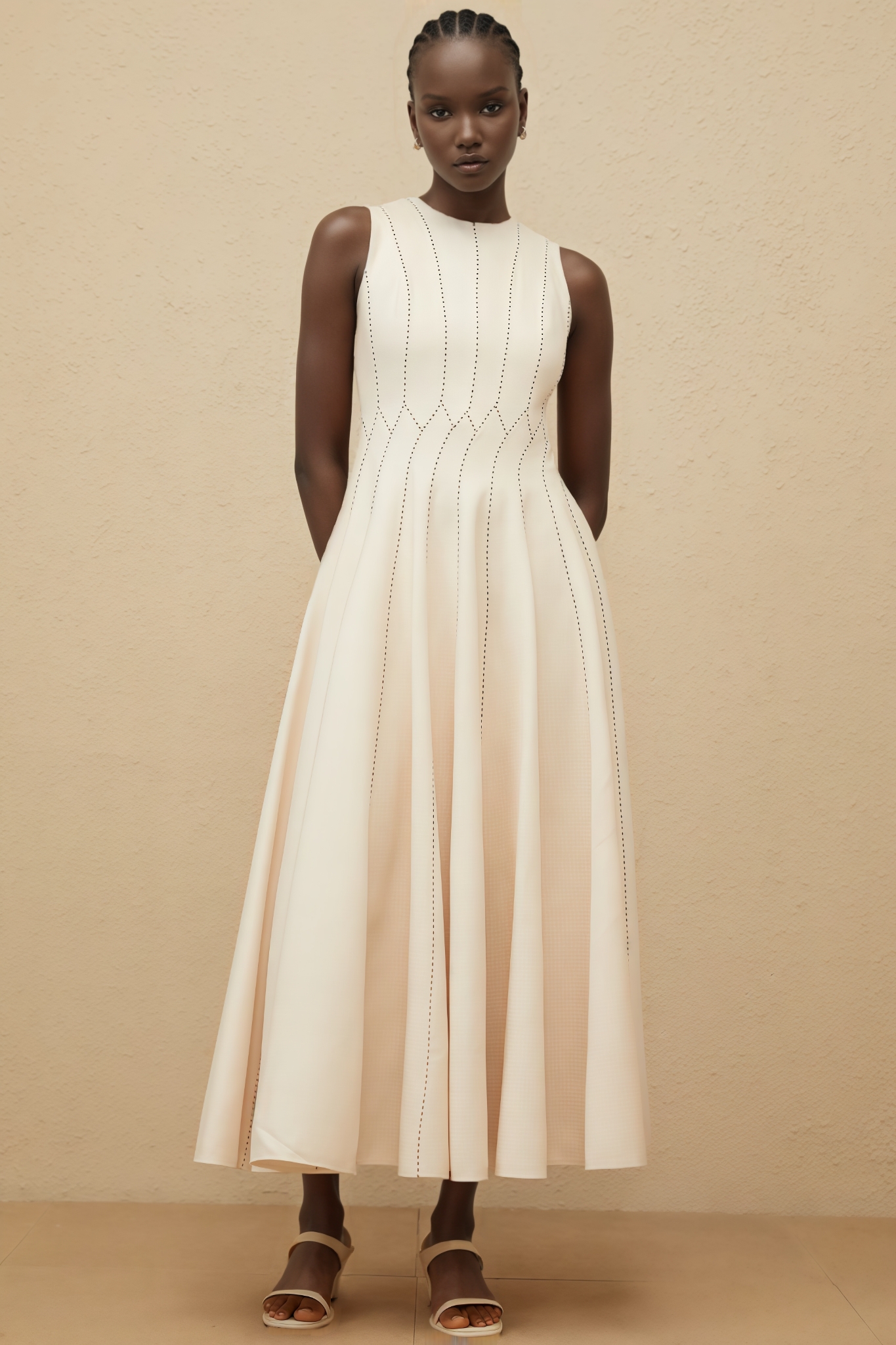 Jurek Beige Shirred Textured Midi Dress