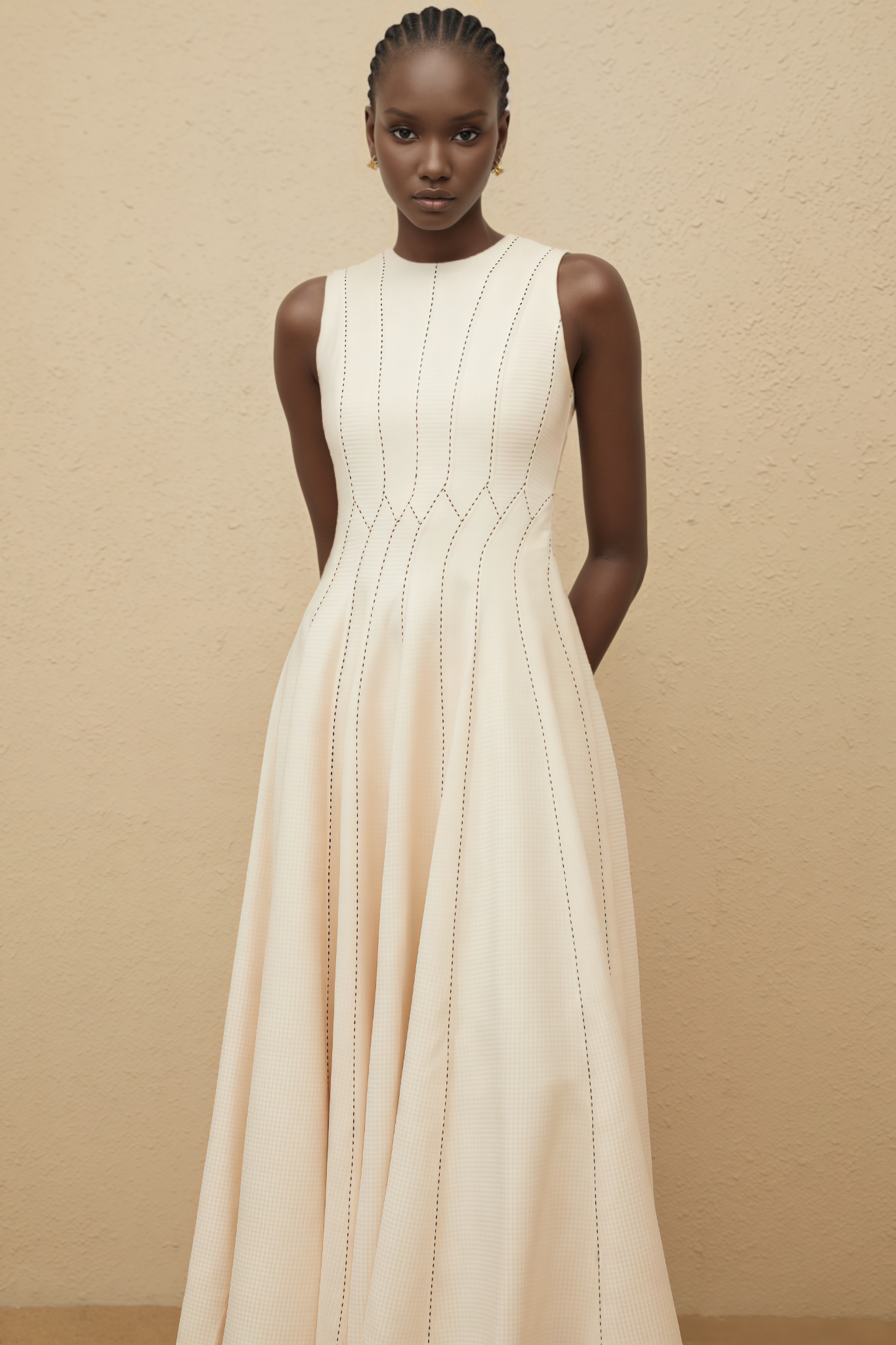 Jurek Beige Shirred Textured Midi Dress