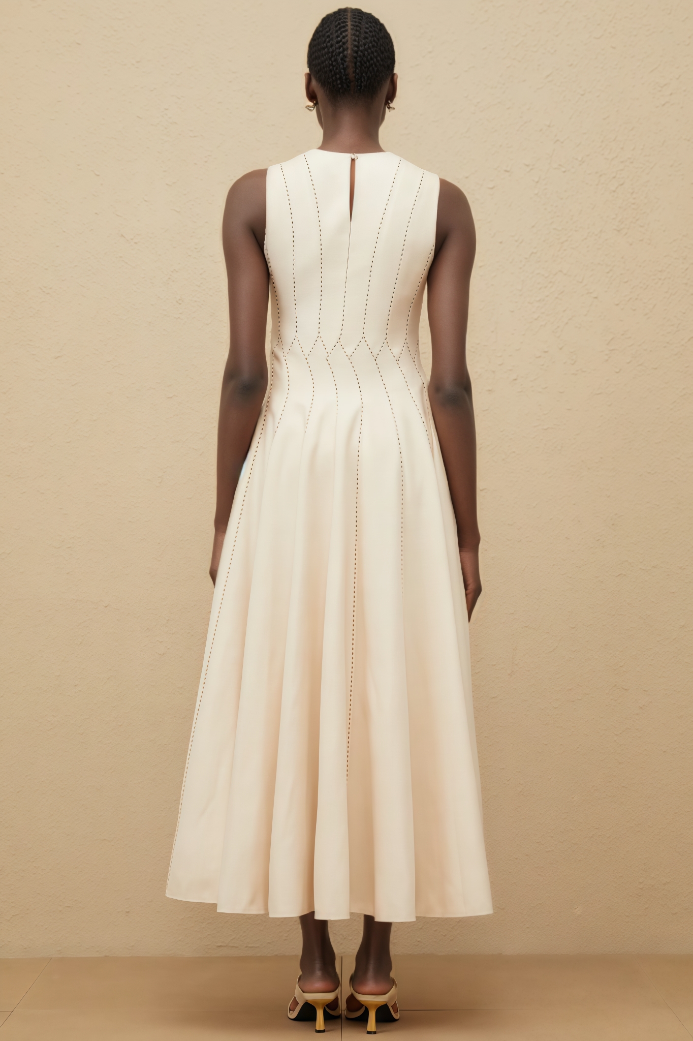 Jurek Beige Shirred Textured Midi Dress