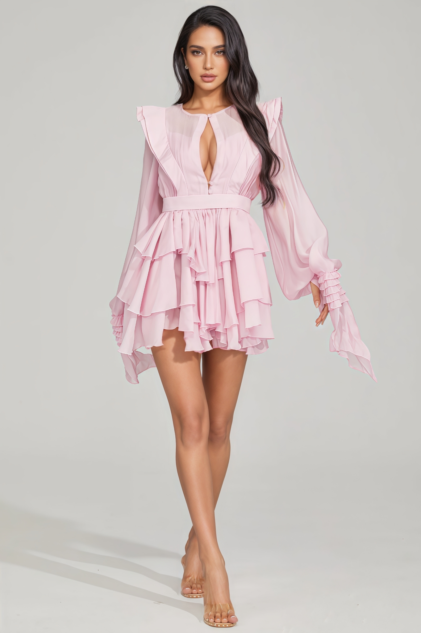 Dorarn Pink Ruffle Long Sleeve Mini Dress