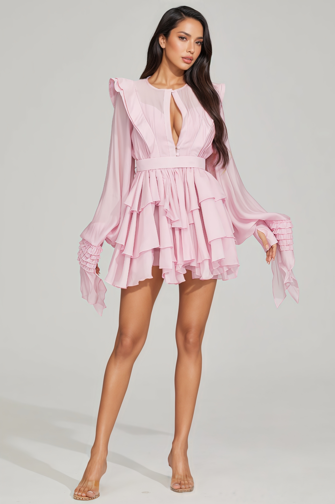 Dorarn Pink Ruffle Long Sleeve Mini Dress