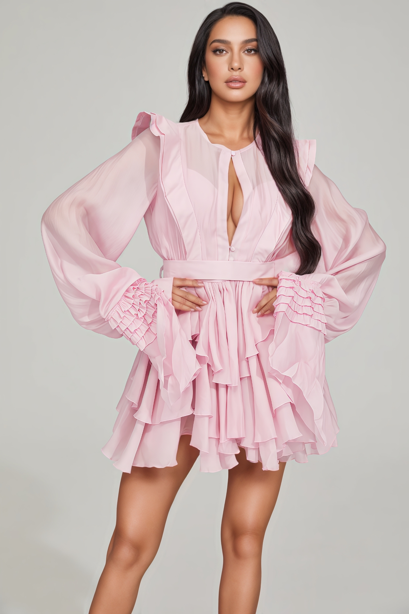 Dorarn Pink Ruffle Long Sleeve Mini Dress