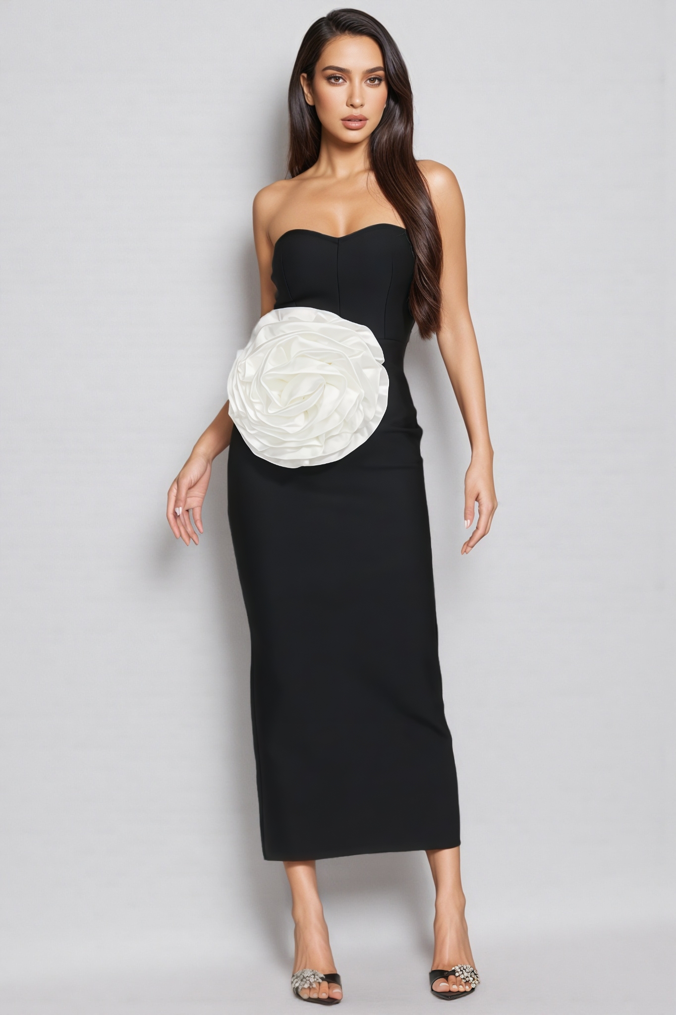 Sorent Black 3D Floral Bandage Midi Dress