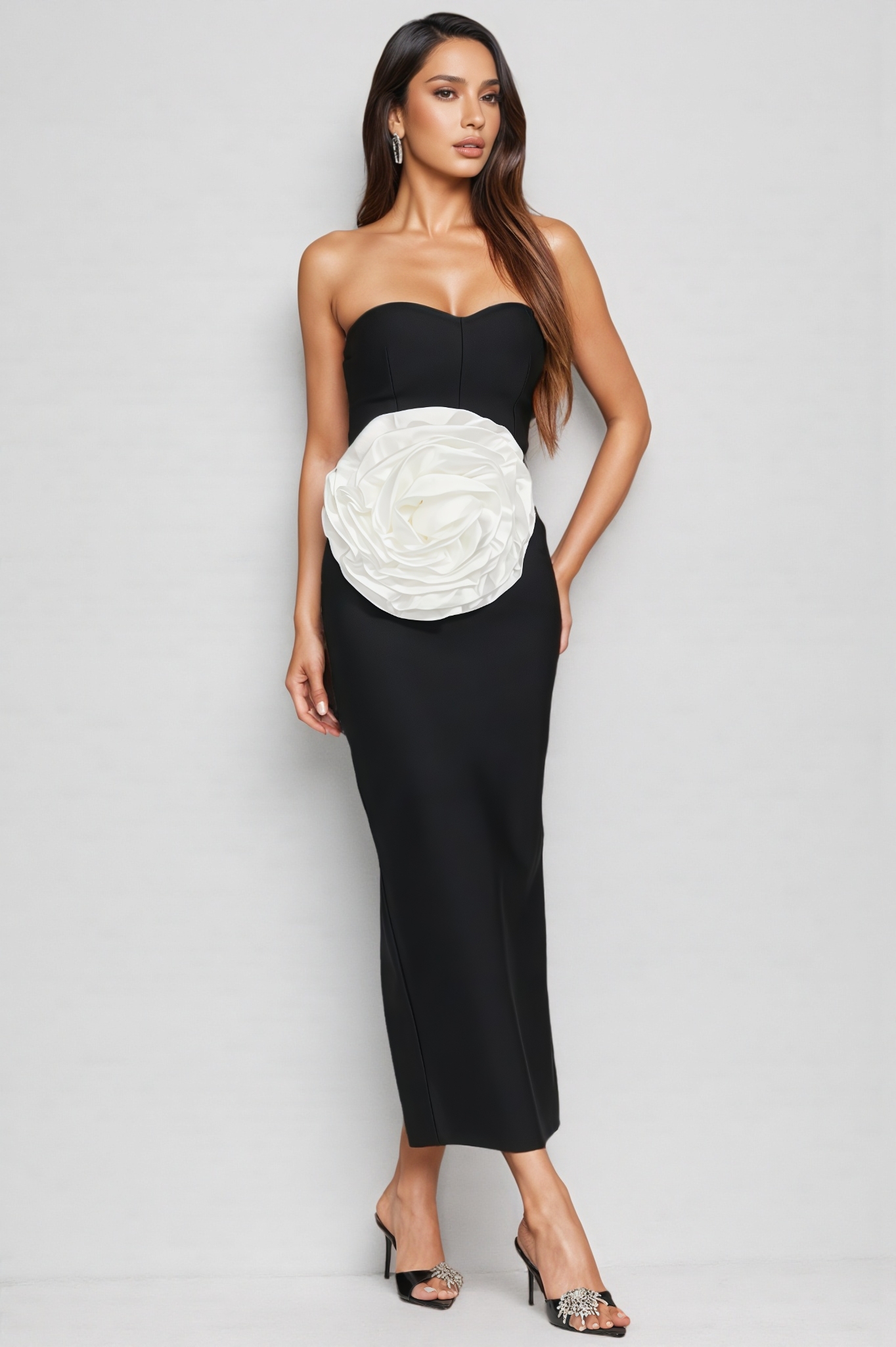 Sorent Black 3D Floral Bandage Midi Dress