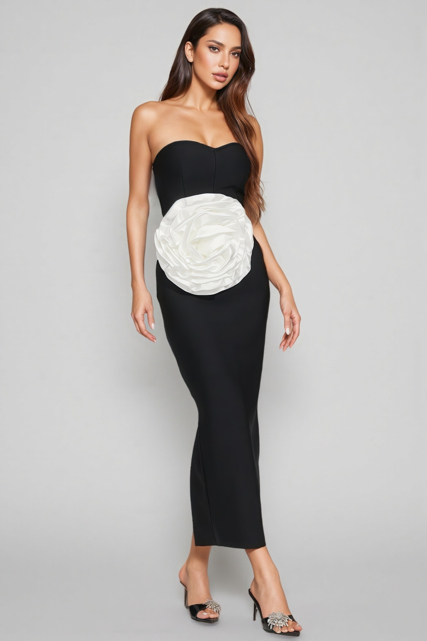 Sorent Black 3D Floral Bandage Midi Dress