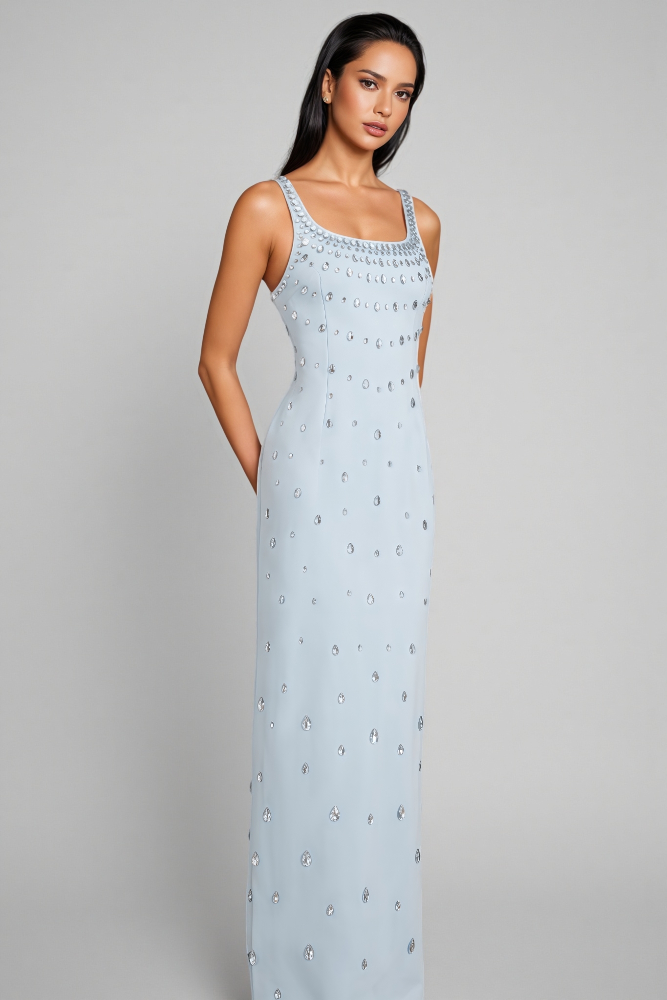 Phaelk Blue Beaded Diamond Maxi Dress