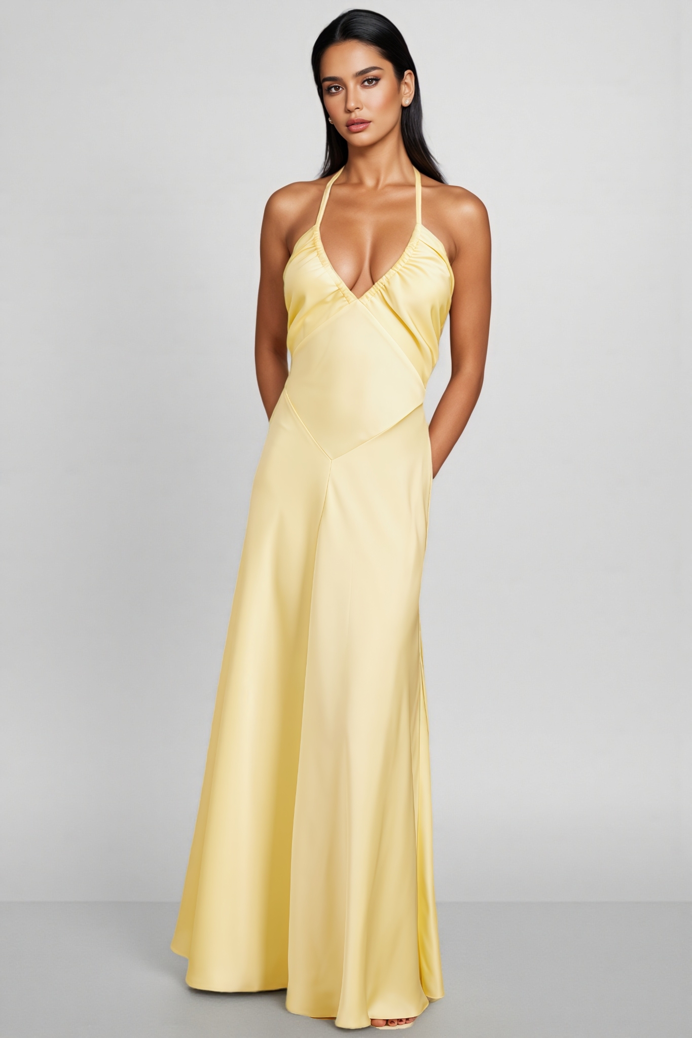 Zadiy Yellow Tie Neck Backless Maxi Dress