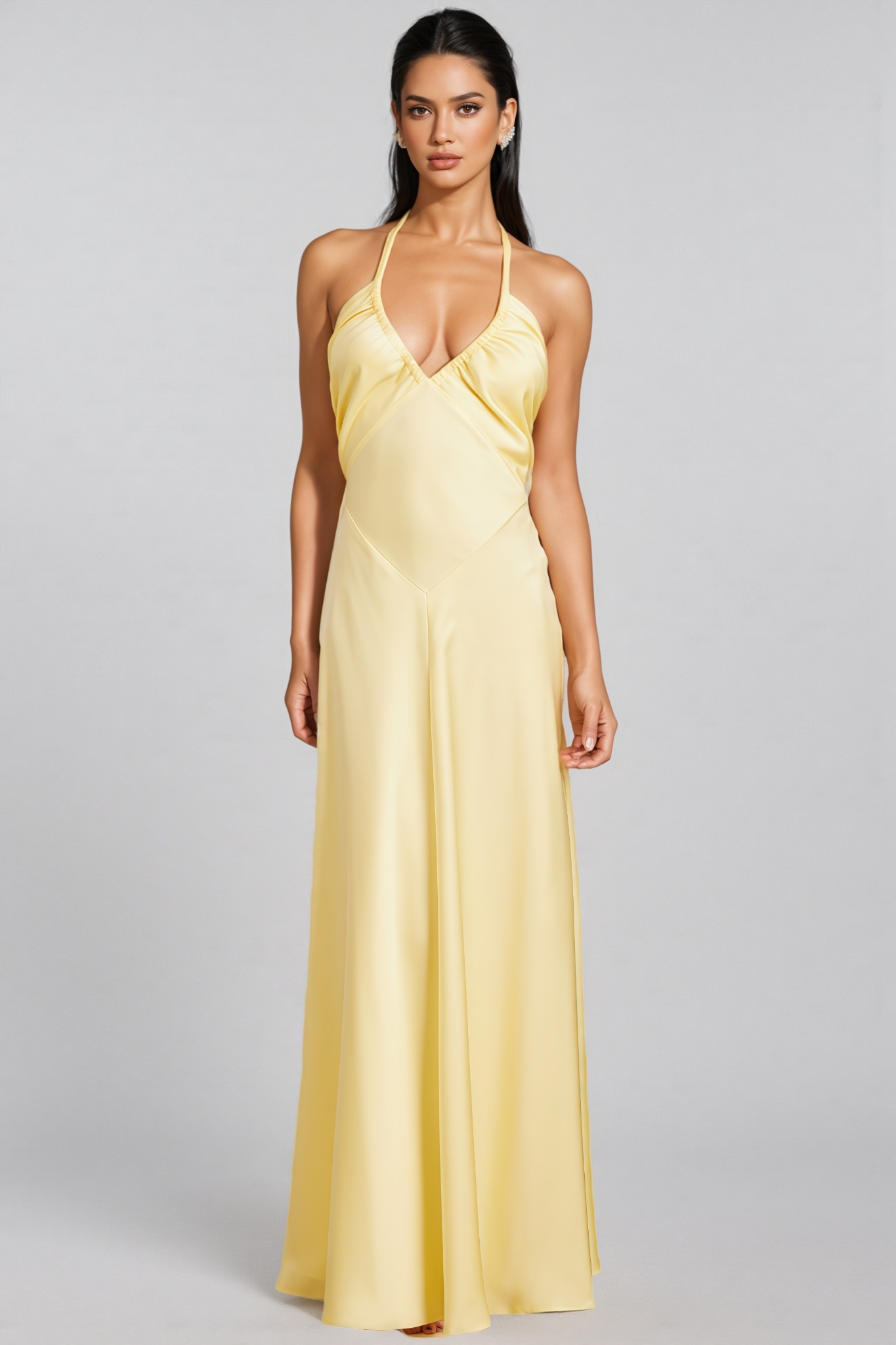 Zadiy Yellow Tie Neck Backless Maxi Dress