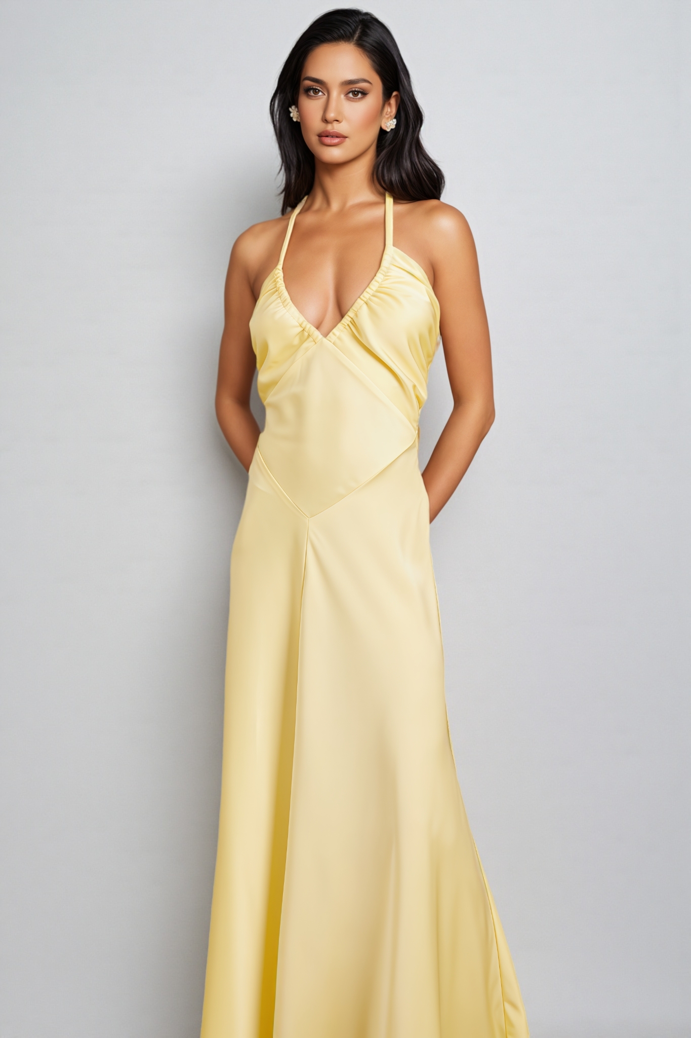 Zadiy Yellow Tie Neck Backless Maxi Dress