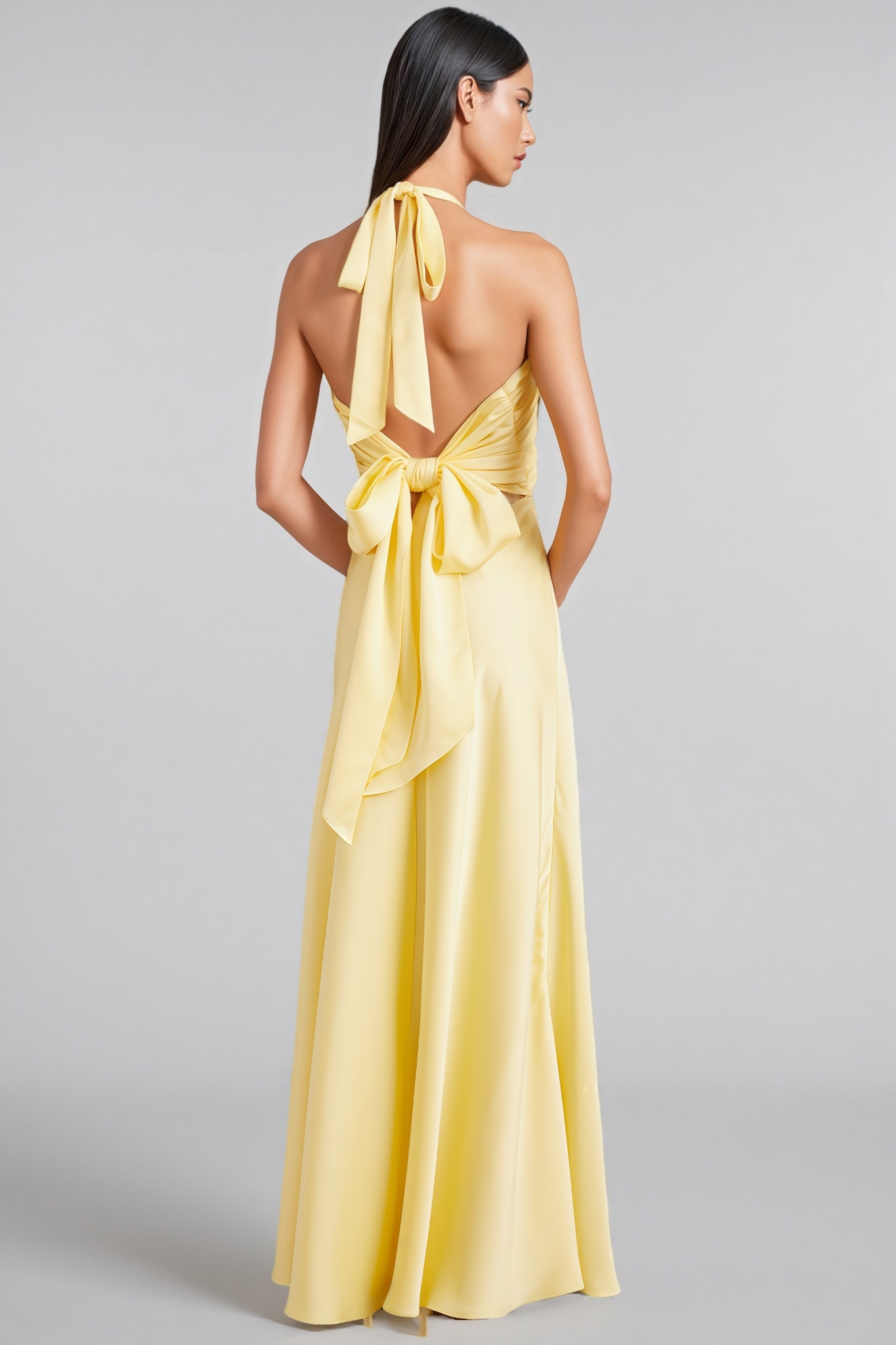 Zadiy Yellow Tie Neck Backless Maxi Dress