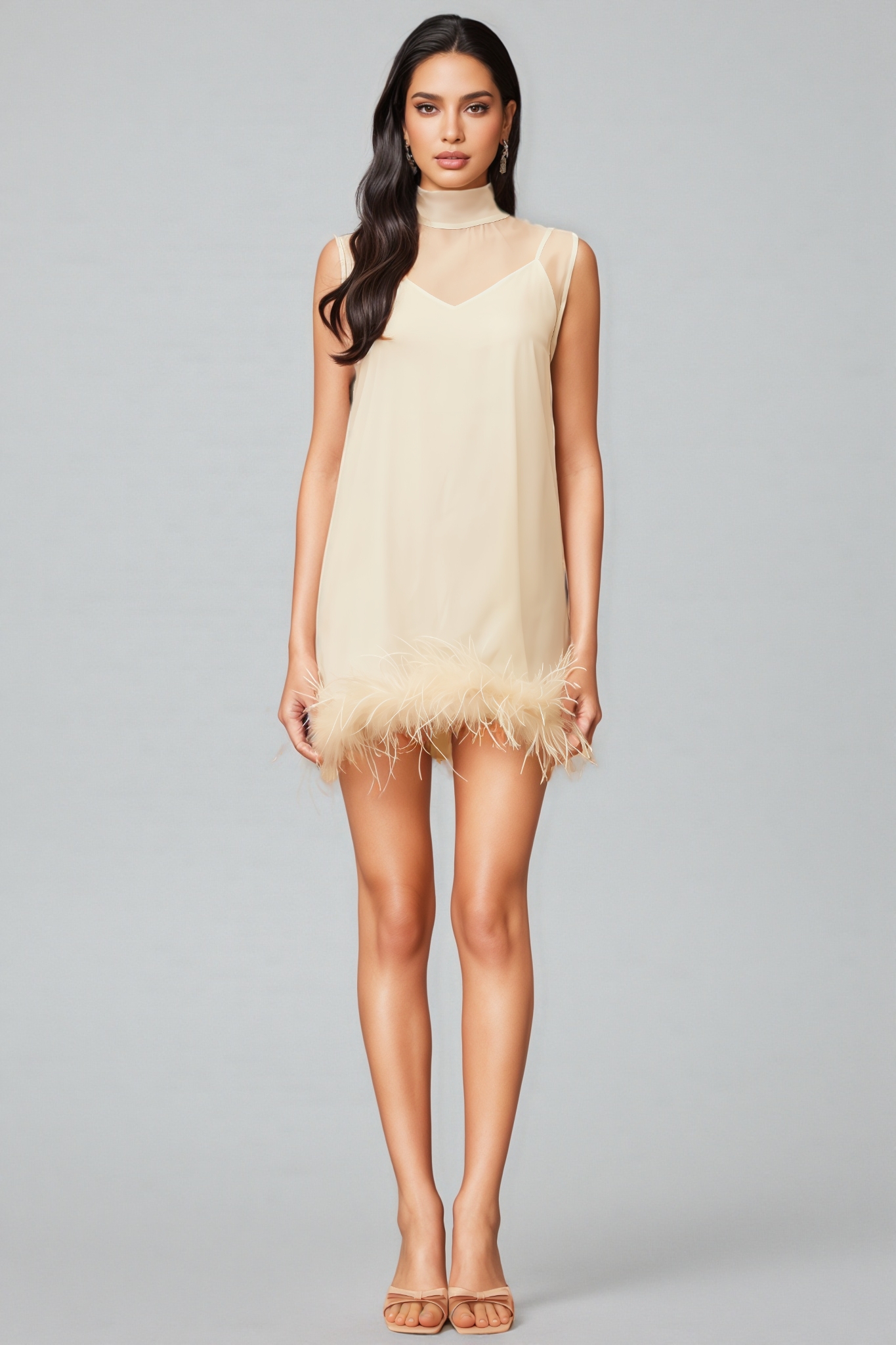 Neoma White Feather Trim Mini Dress