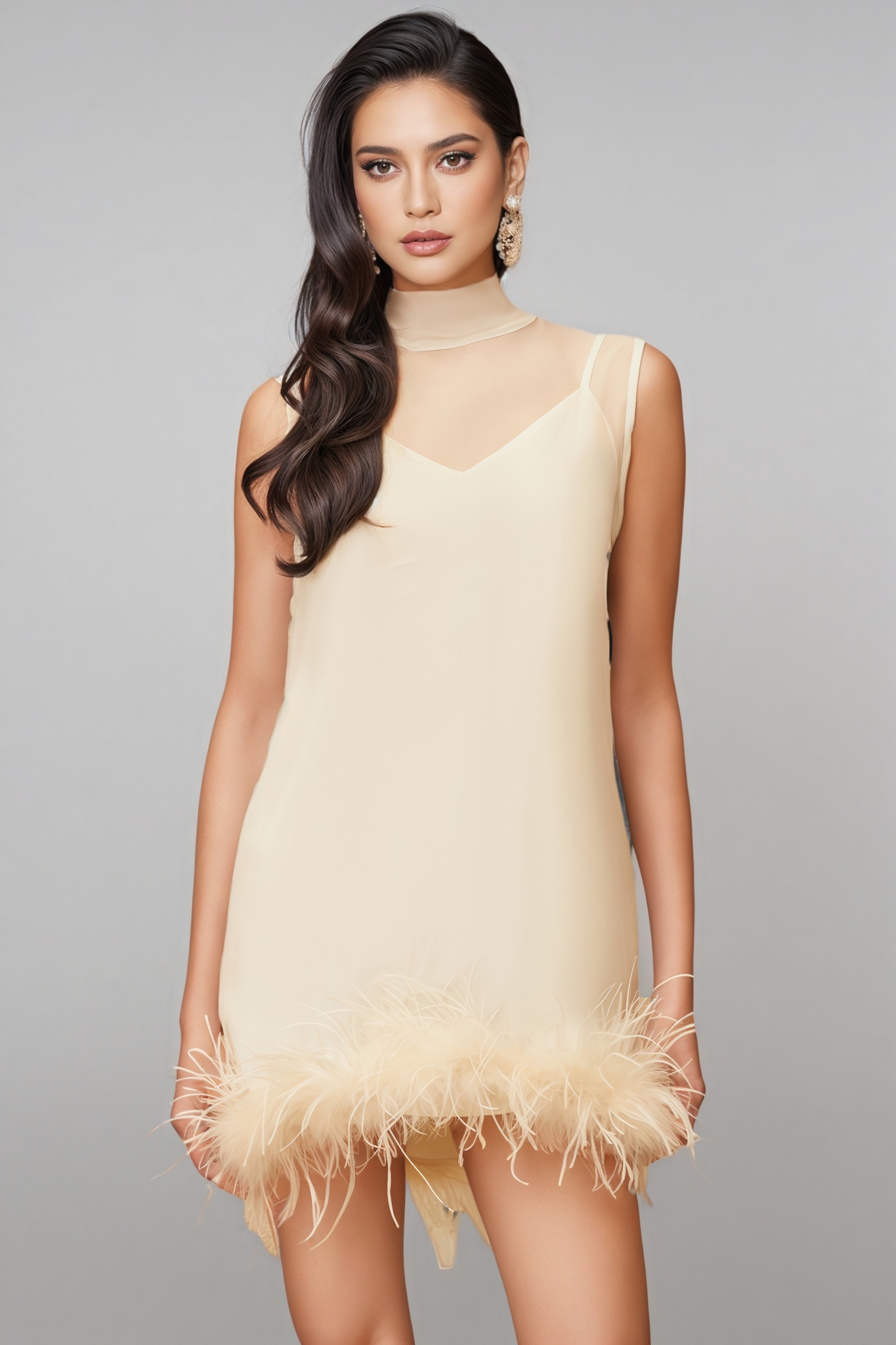 Neoma White Feather Trim Mini Dress