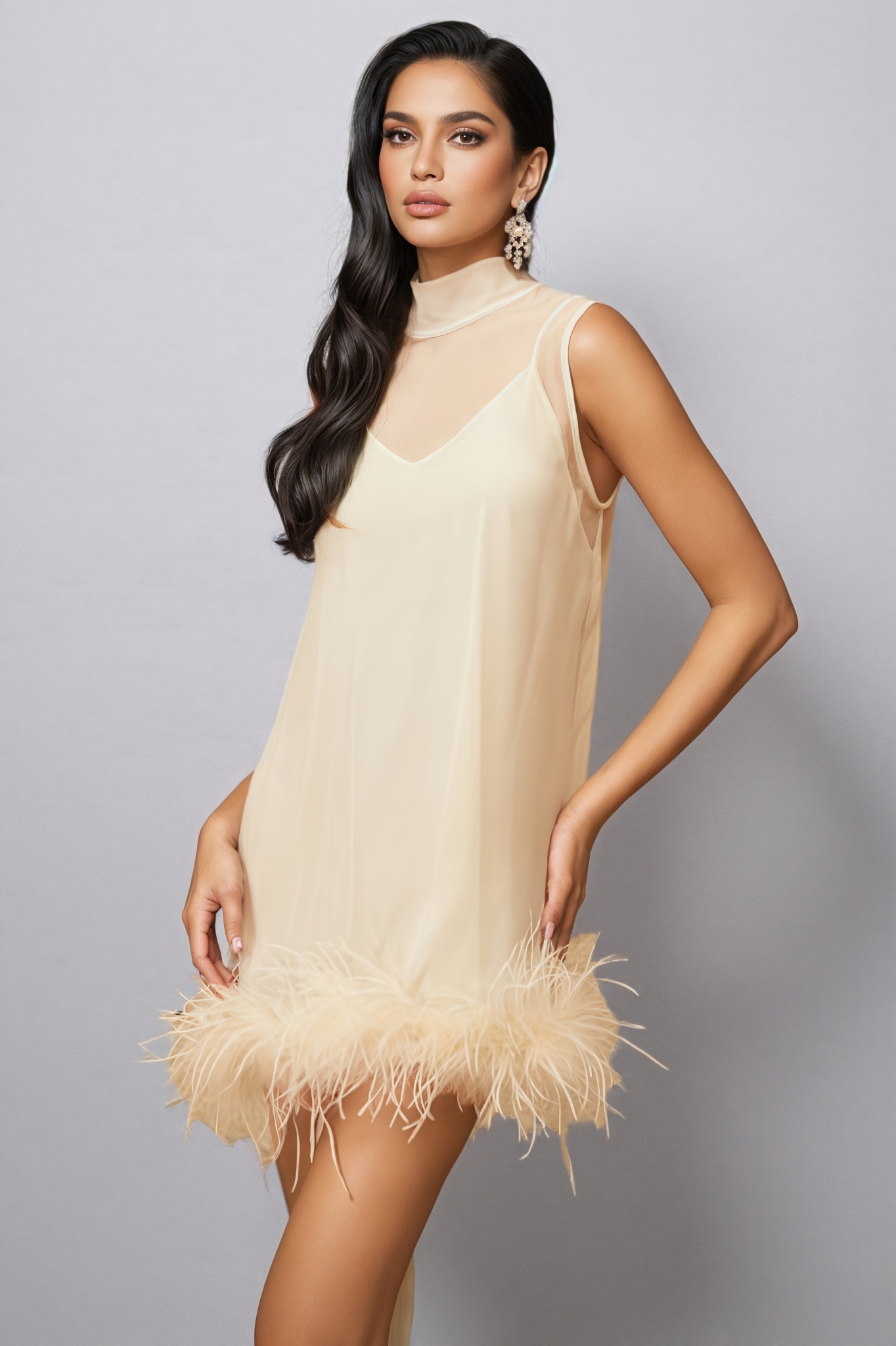 Neoma White Feather Trim Mini Dress