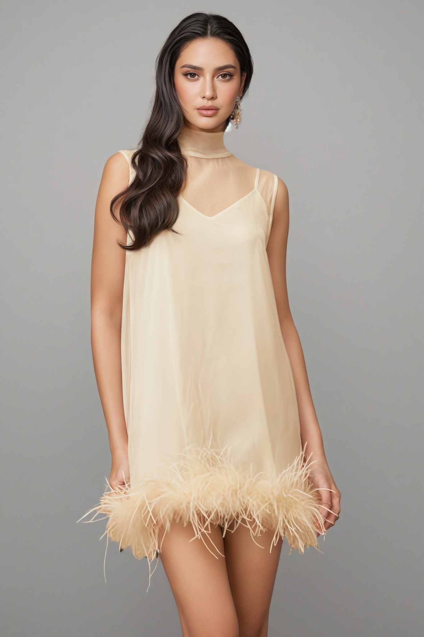 Neoma White Feather Trim Mini Dress