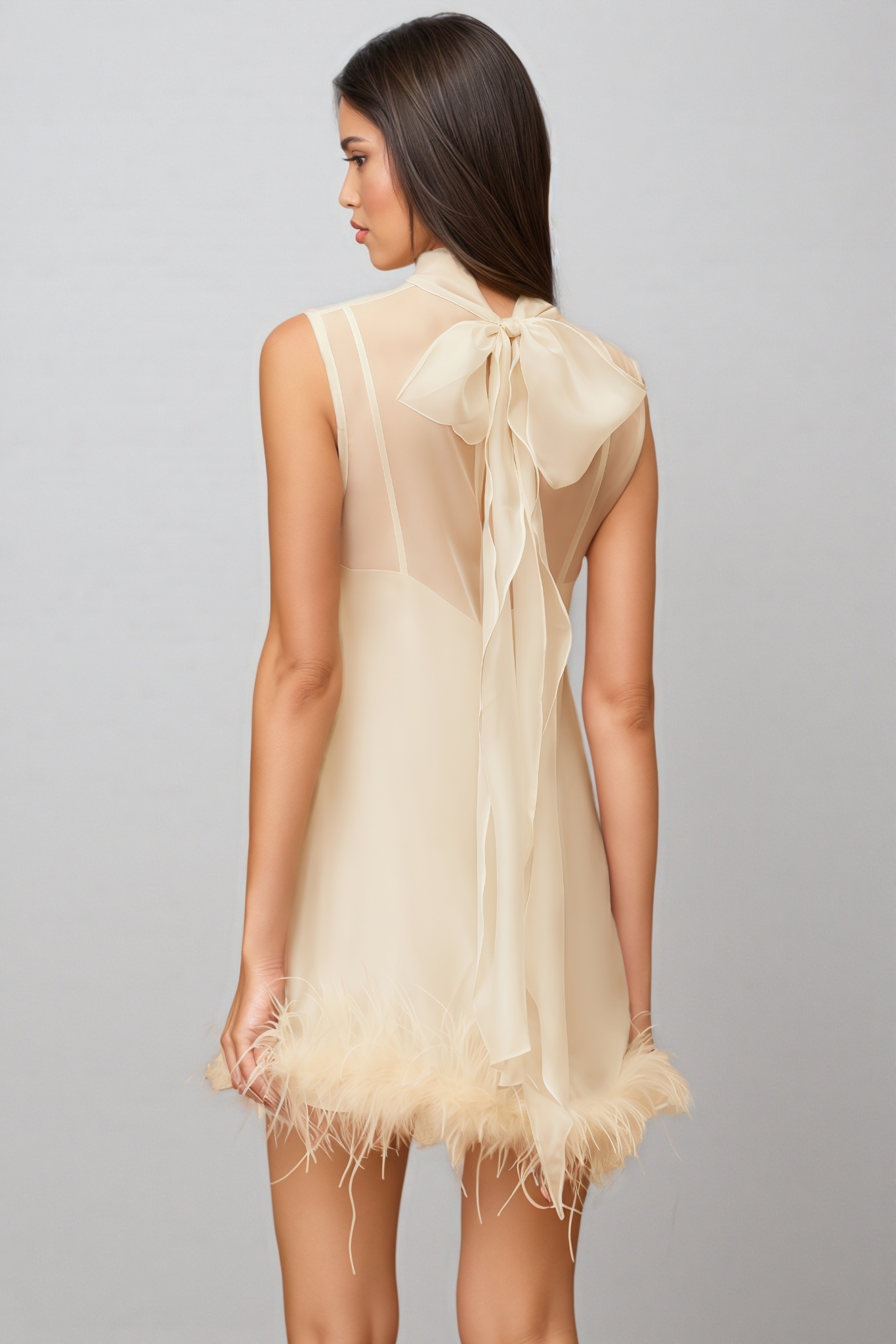 Neoma White Feather Trim Mini Dress