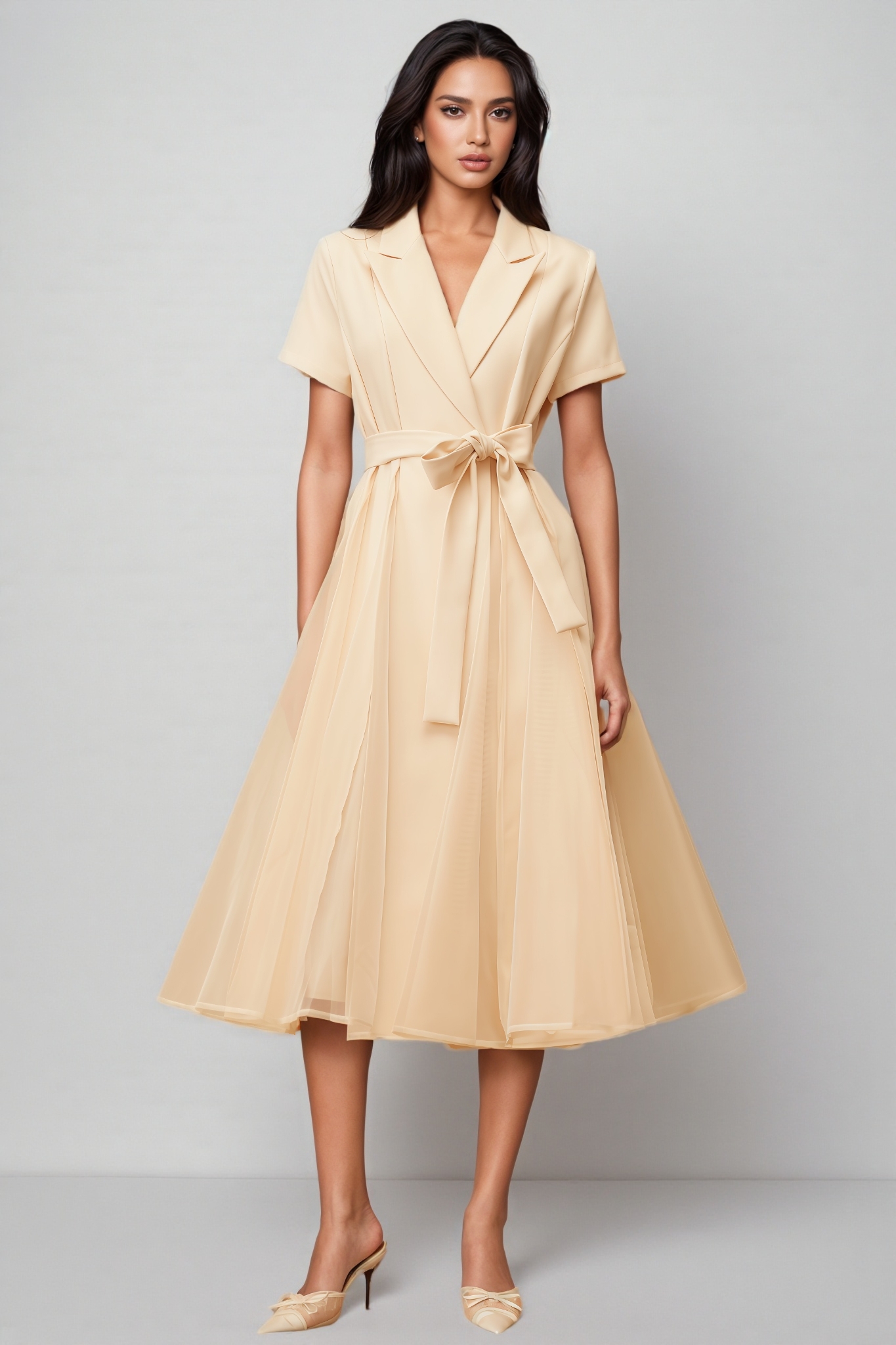 Ivonne Neutral Tulle Panel Wraped Midi Dress
