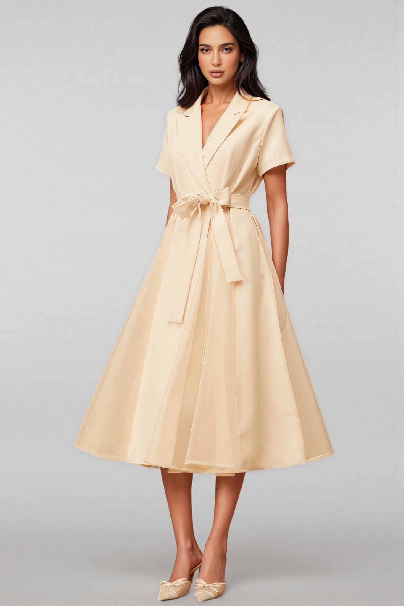 Ivonne Neutral Tulle Panel Wraped Midi Dress