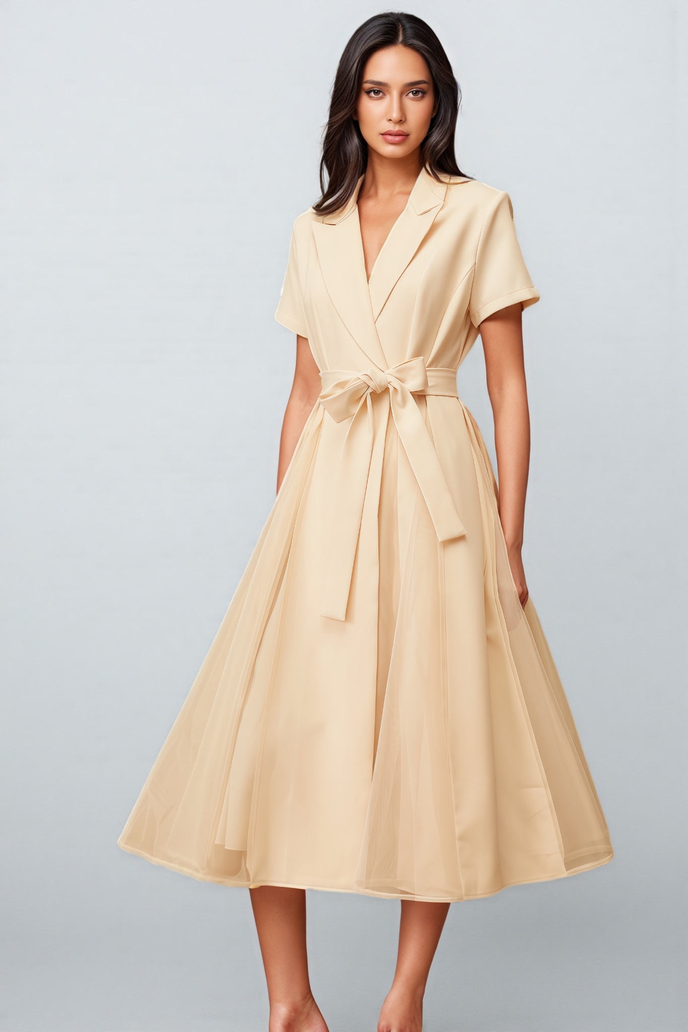 Ivonne Neutral Tulle Panel Wraped Midi Dress