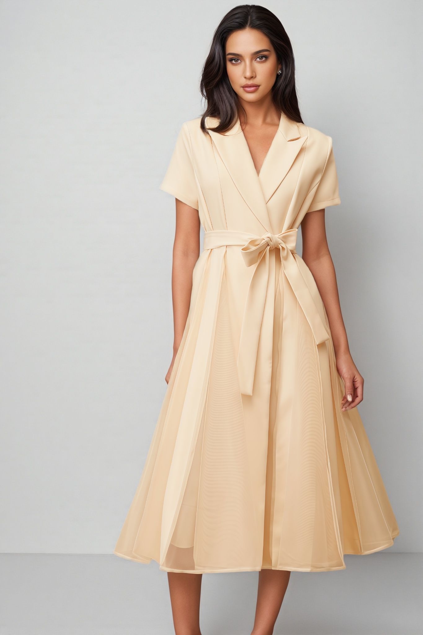Ivonne Neutral Tulle Panel Wraped Midi Dress