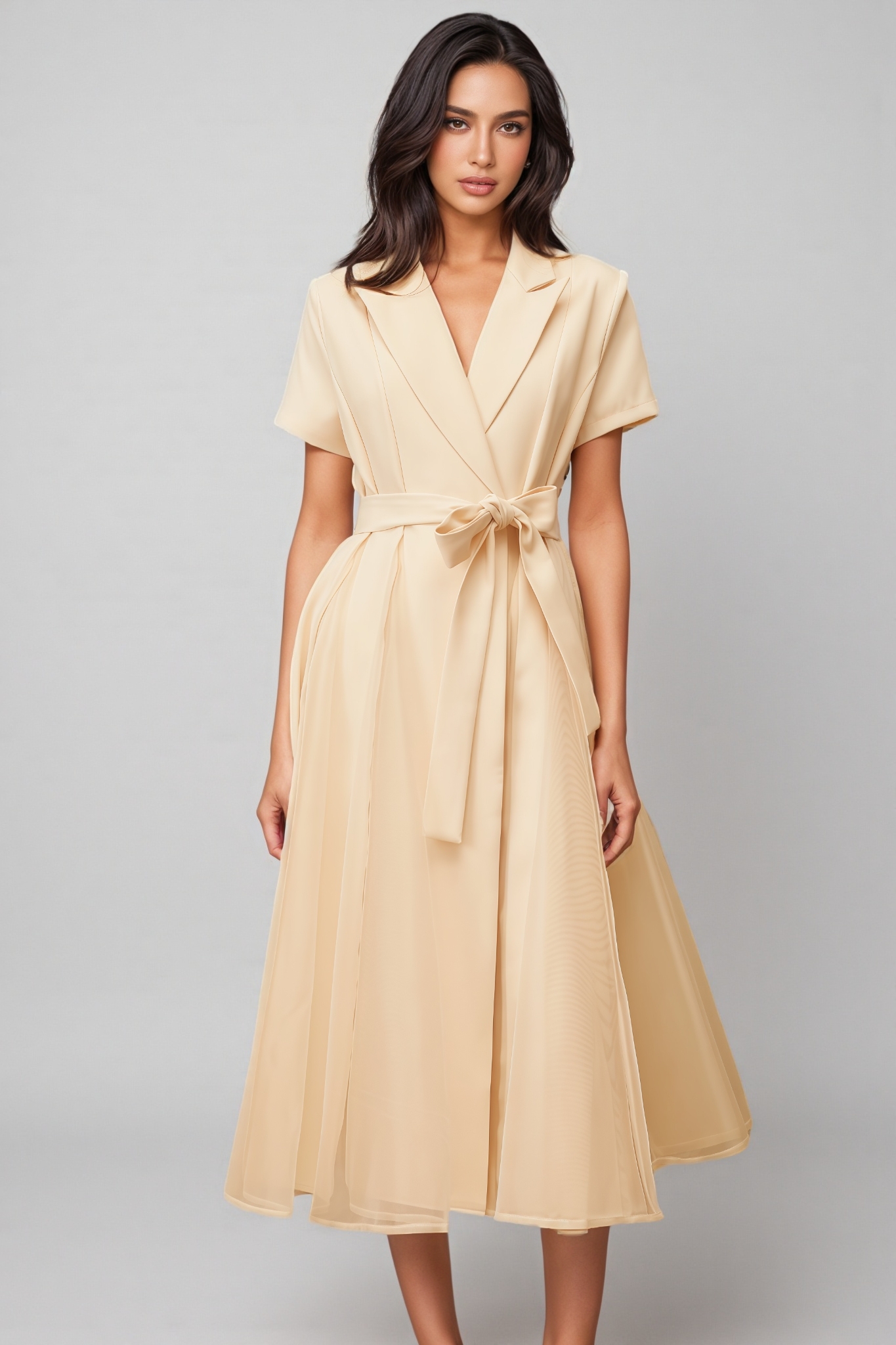 Ivonne Neutral Tulle Panel Wraped Midi Dress