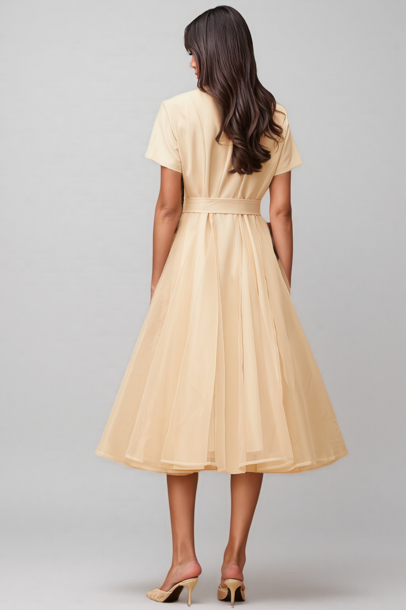 Ivonne Neutral Tulle Panel Wraped Midi Dress