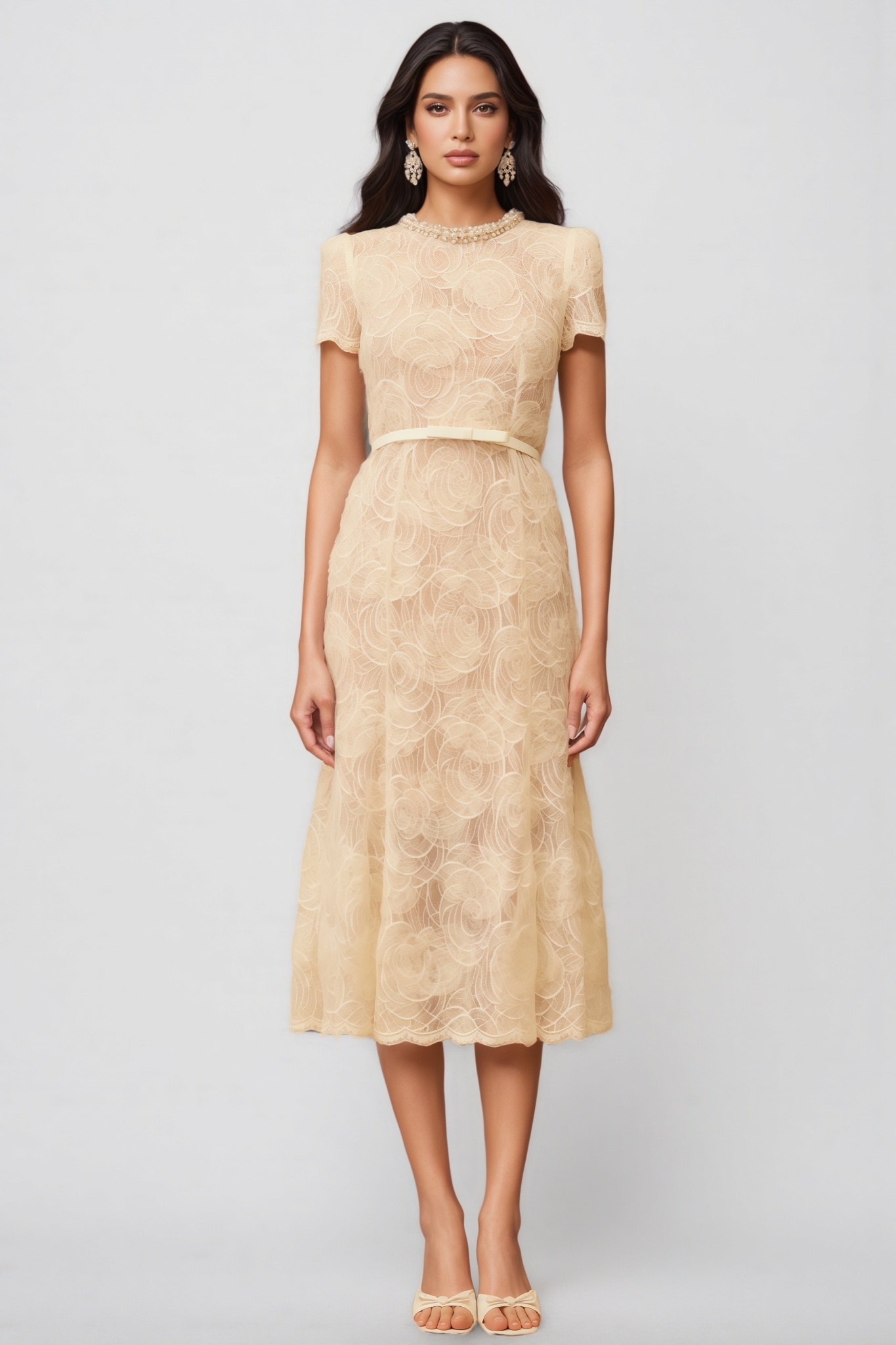 Aurore White Embellished Floral Lace Midi Dress