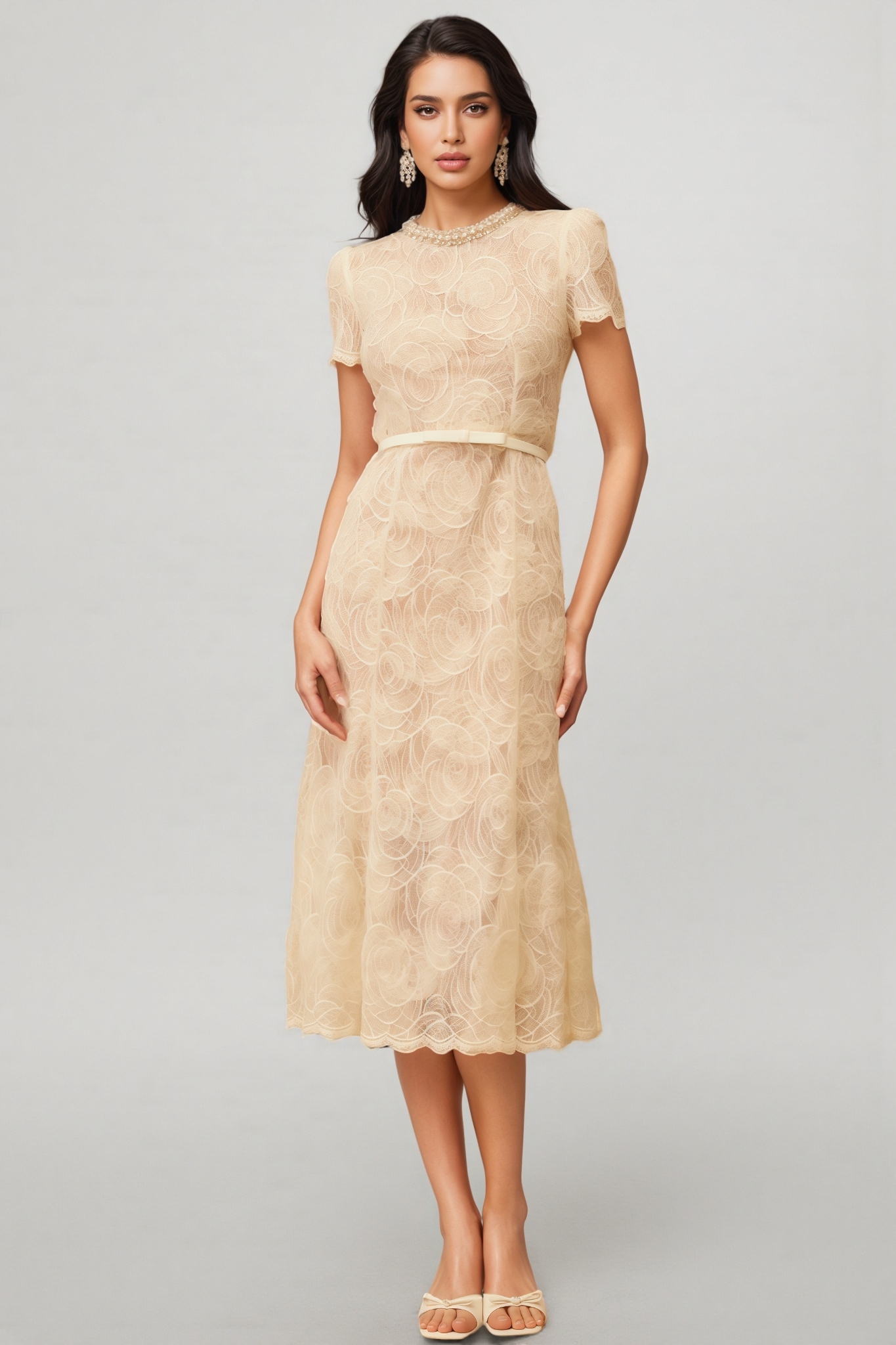 Aurore White Embellished Floral Lace Midi Dress