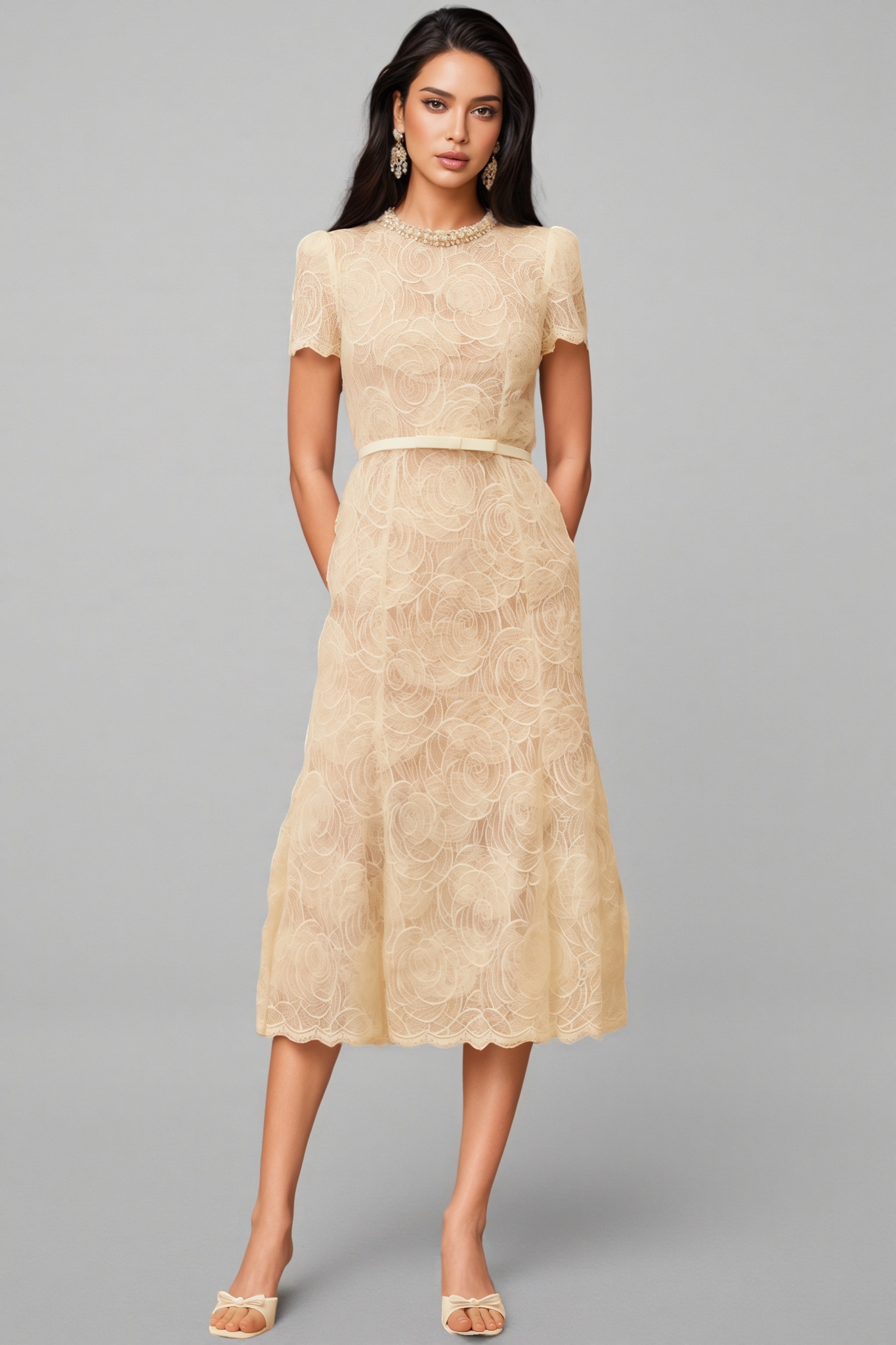 Aurore White Embellished Floral Lace Midi Dress