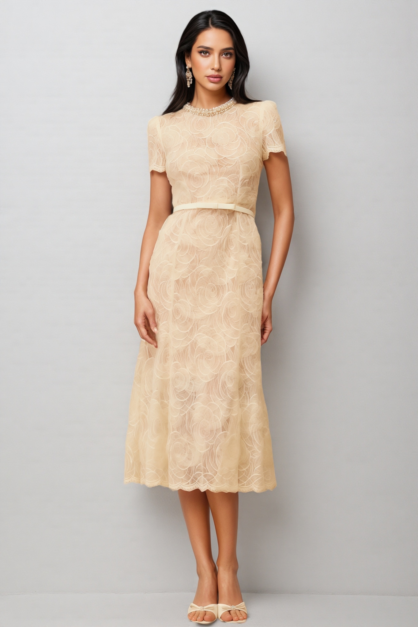 Aurore White Embellished Floral Lace Midi Dress