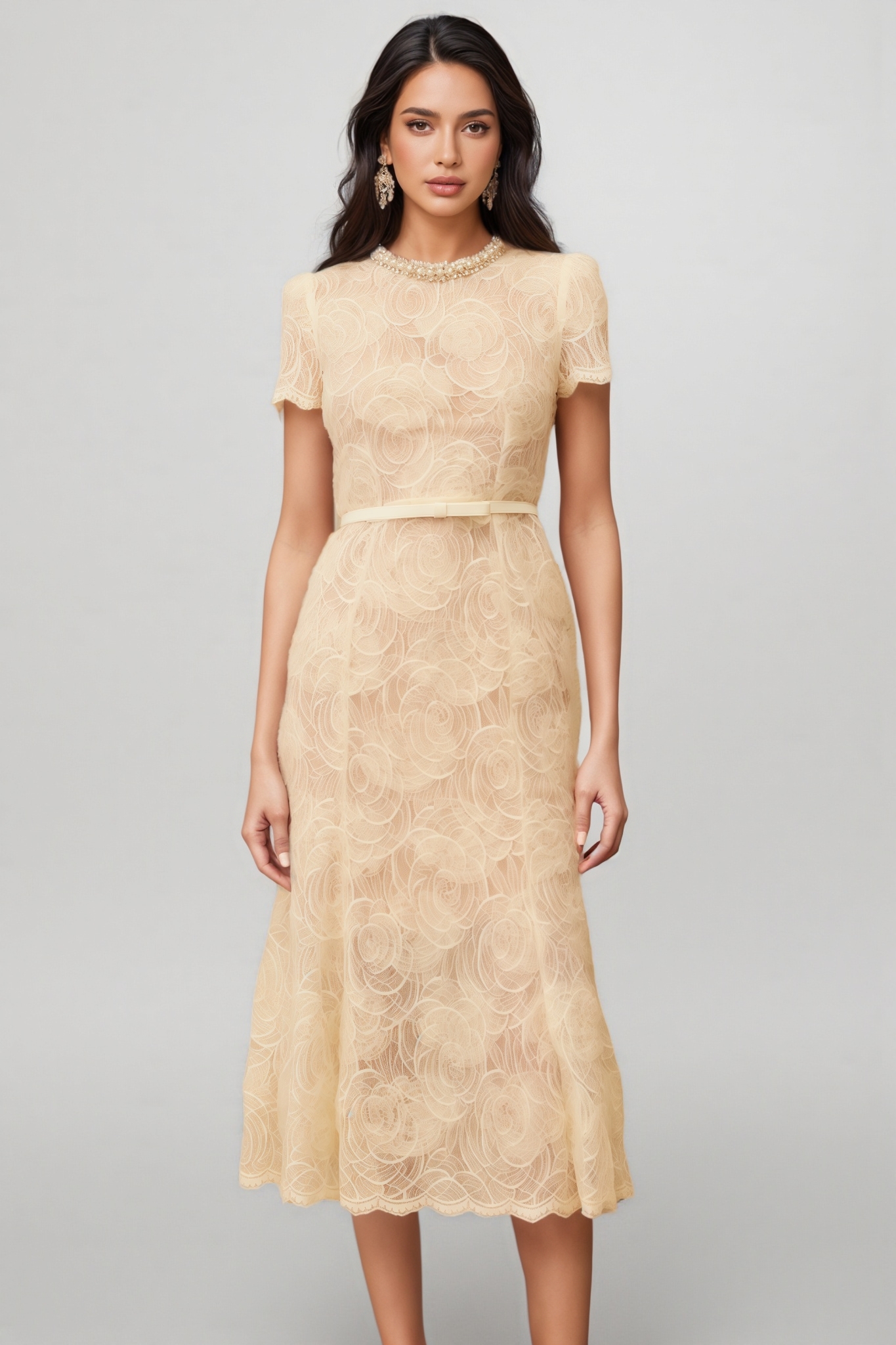 Aurore White Embellished Floral Lace Midi Dress