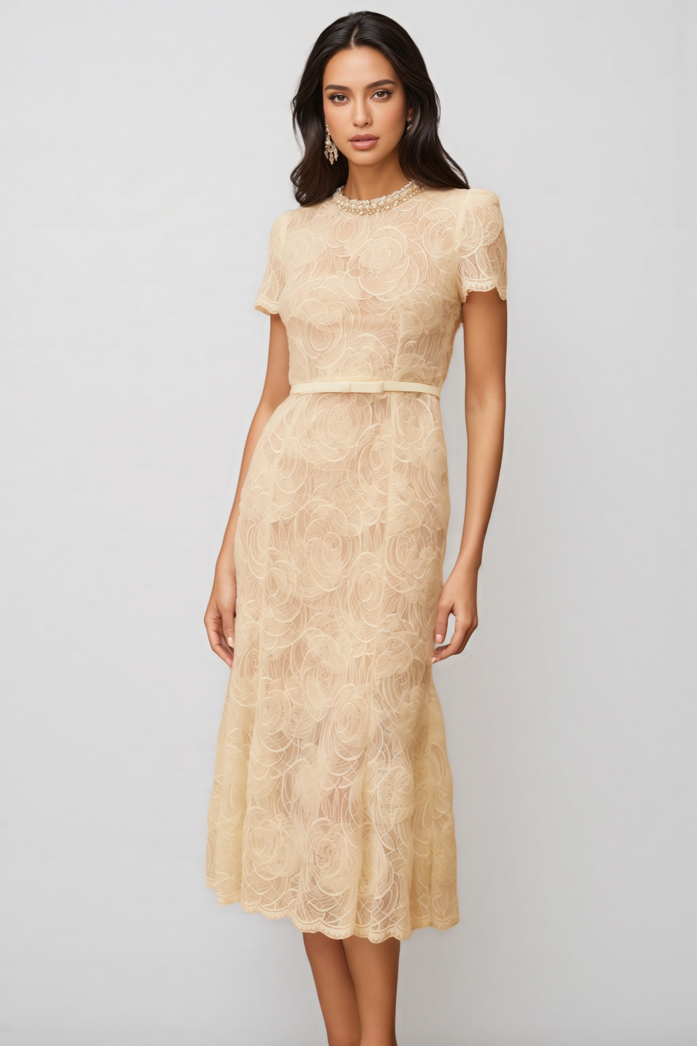 Aurore White Embellished Floral Lace Midi Dress
