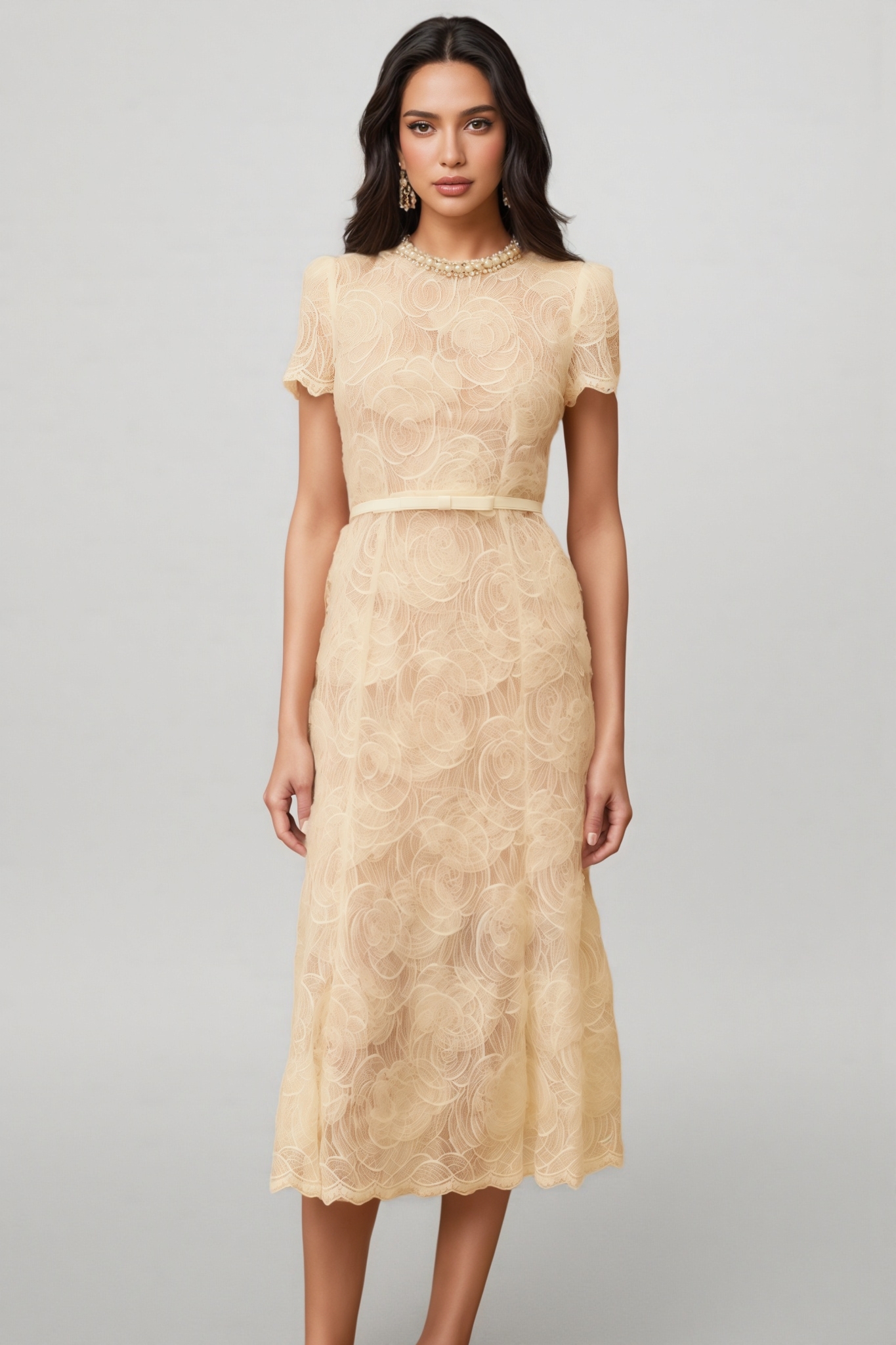 Aurore White Embellished Floral Lace Midi Dress
