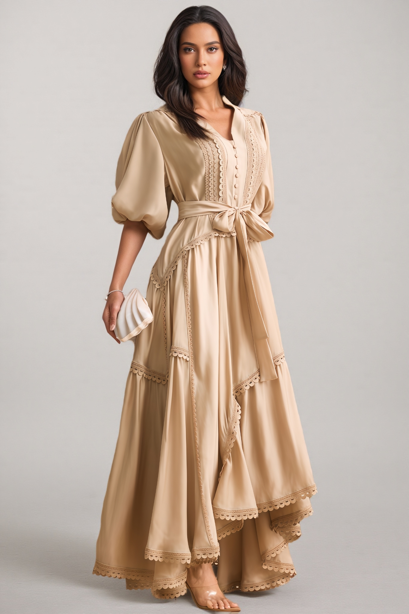 Beaufort Lace Trim Puff Sleeve Maxi Dress