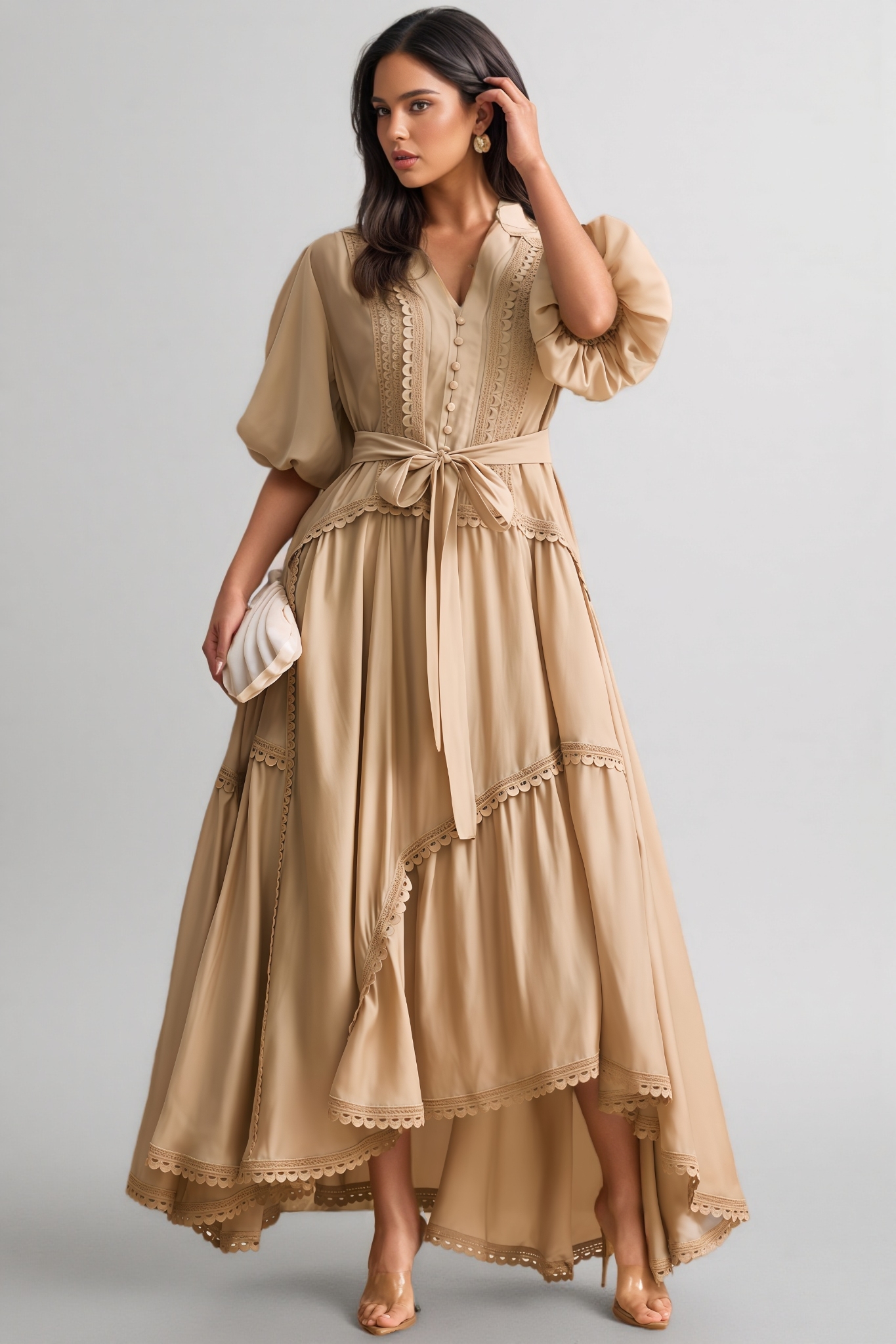 Beaufort Lace Trim Puff Sleeve Maxi Dress